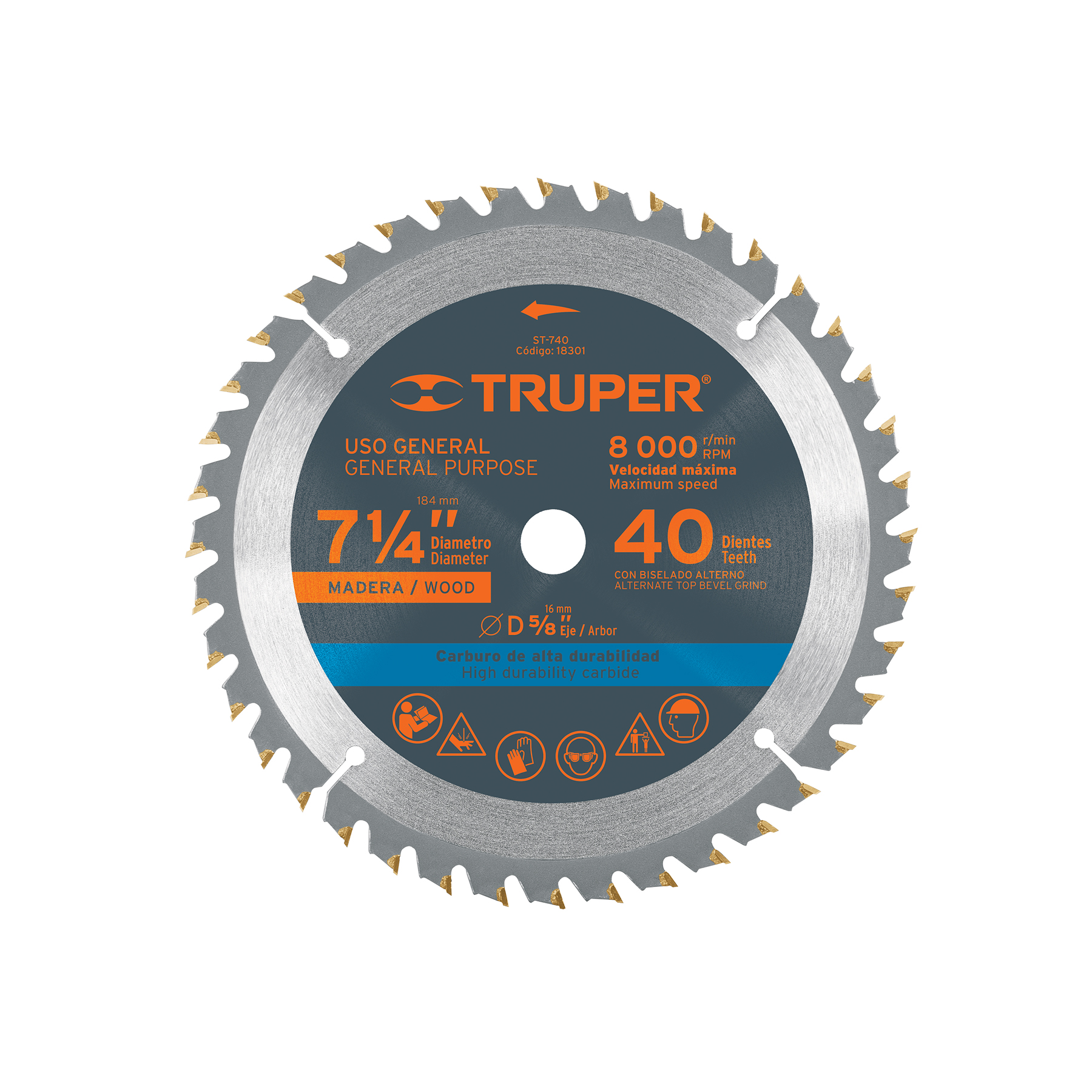 Disco sierra 7- 1/4" para madera, 40 dientes centro 5/8" TRUPER