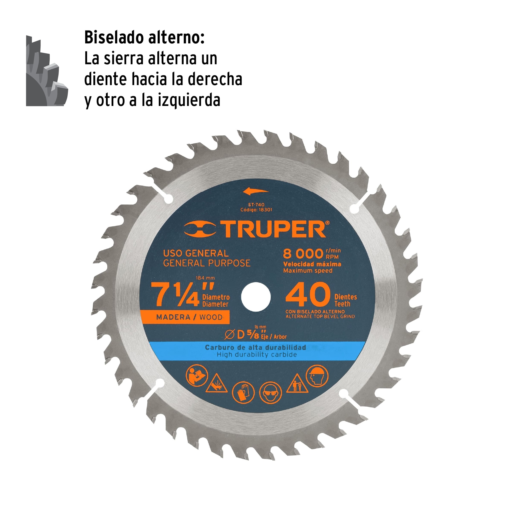 Disco sierra 7- 1/4" para madera, 40 dientes centro 5/8" TRUPER