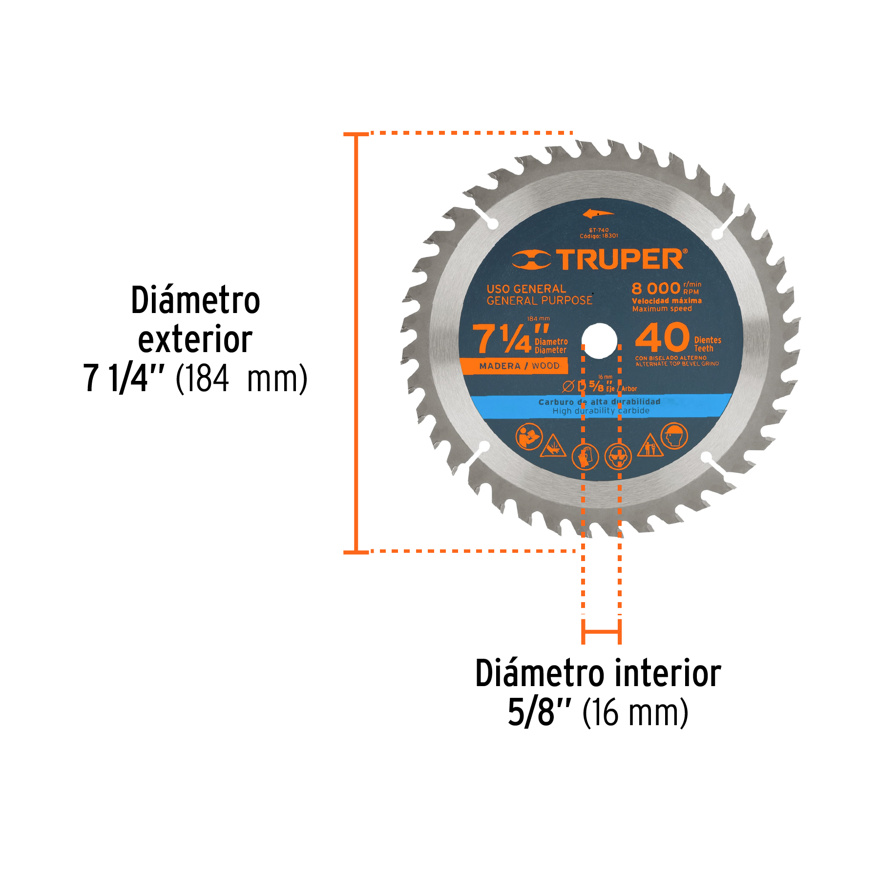 Disco sierra 7- 1/4" para madera, 40 dientes centro 5/8" TRUPER