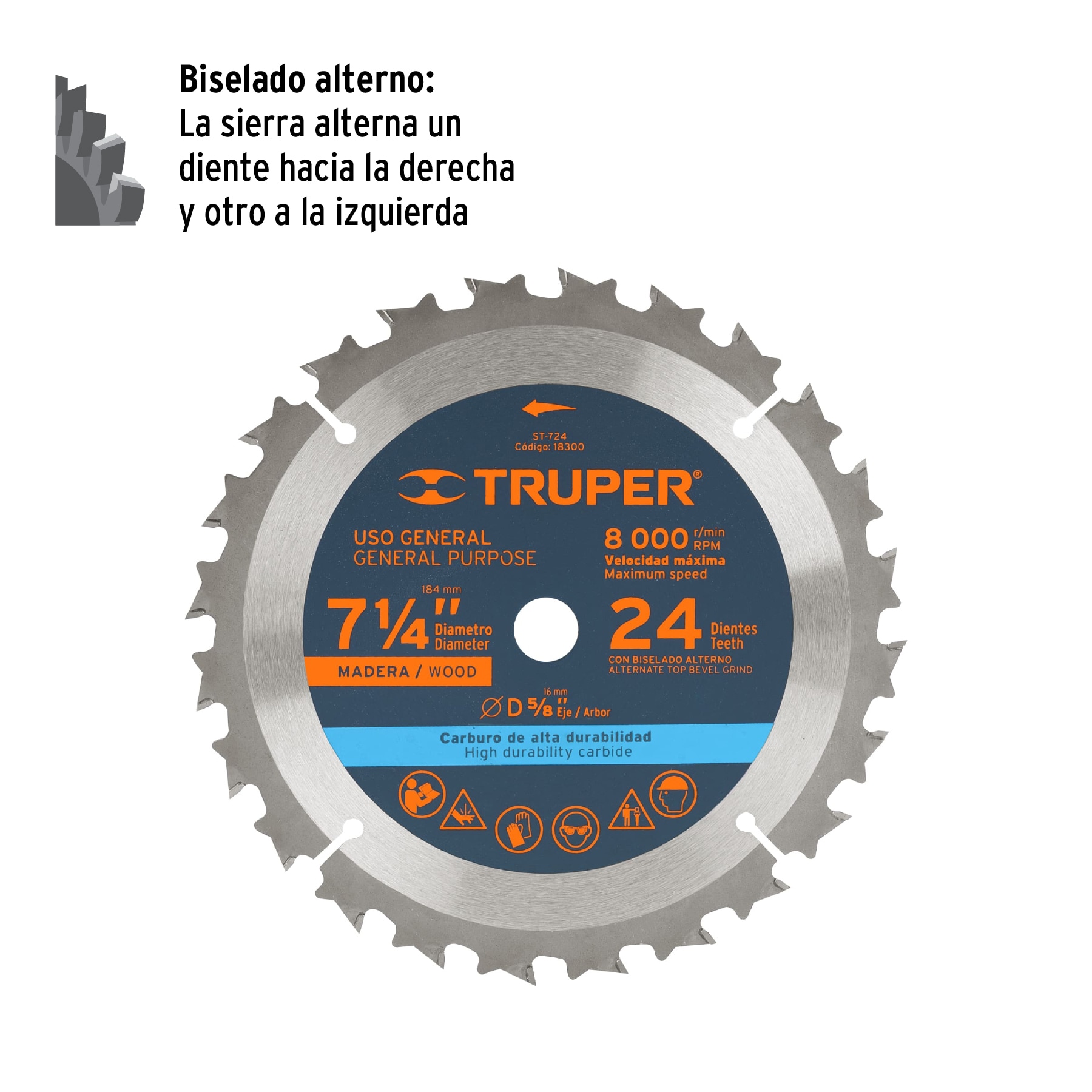 Disco sierra 7- 1/4" para madera, 24 dientes centro 5/8" TRUPER