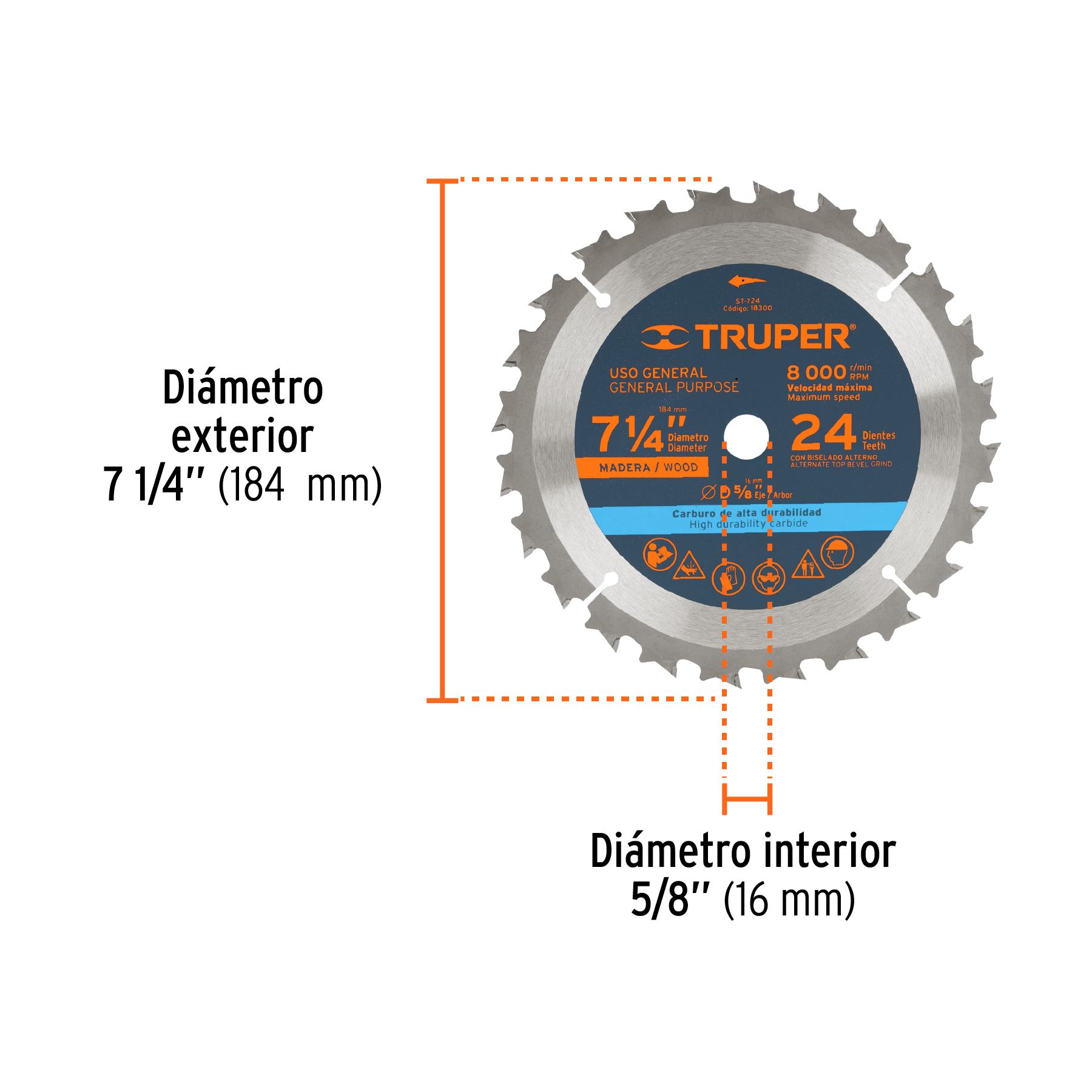 Disco sierra 7- 1/4" para madera, 24 dientes centro 5/8" TRUPER