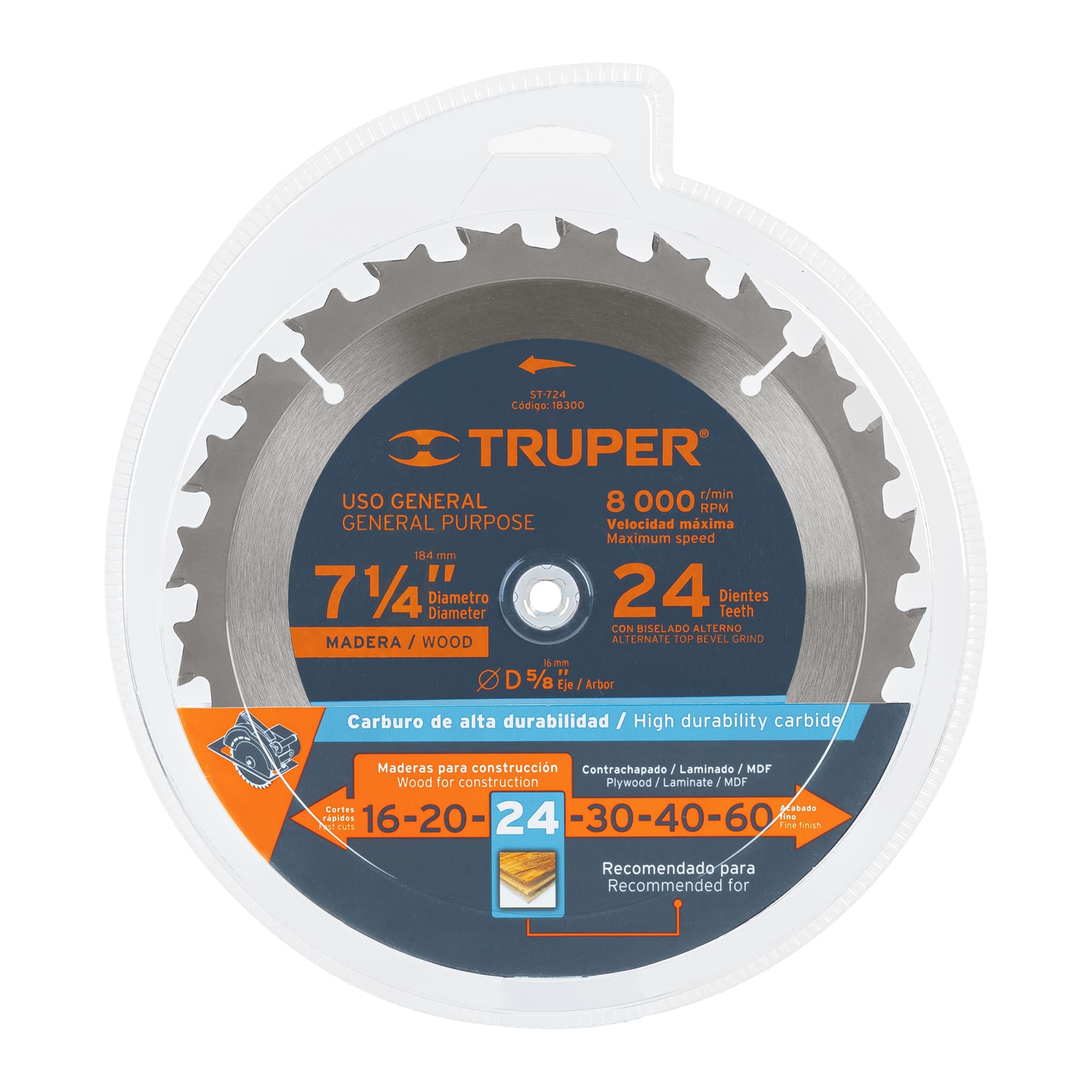 Disco sierra 7- 1/4" para madera, 24 dientes centro 5/8" TRUPER