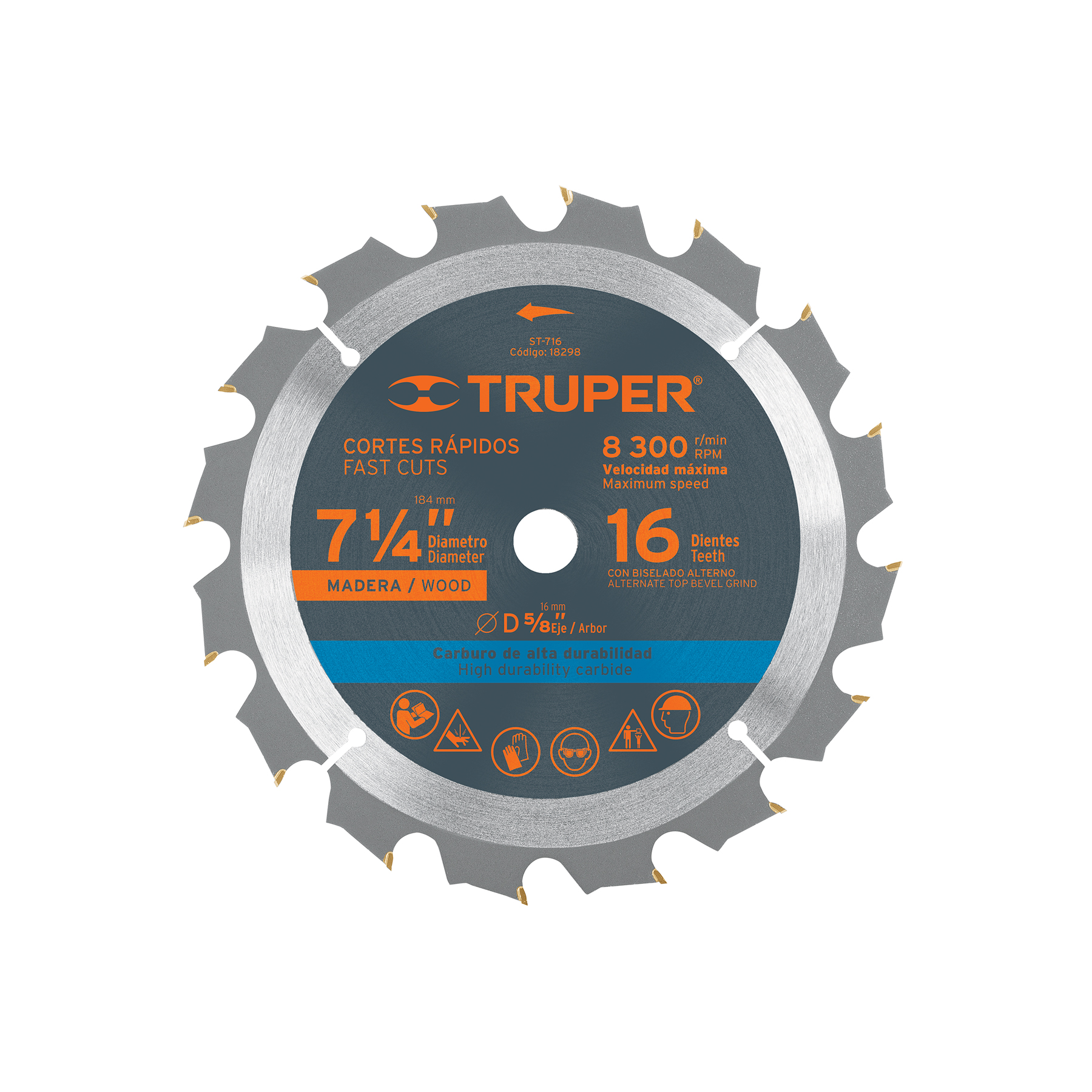 Disco sierra 7- 1/4" para madera, 16 dientes centro 5/8" TRUPER