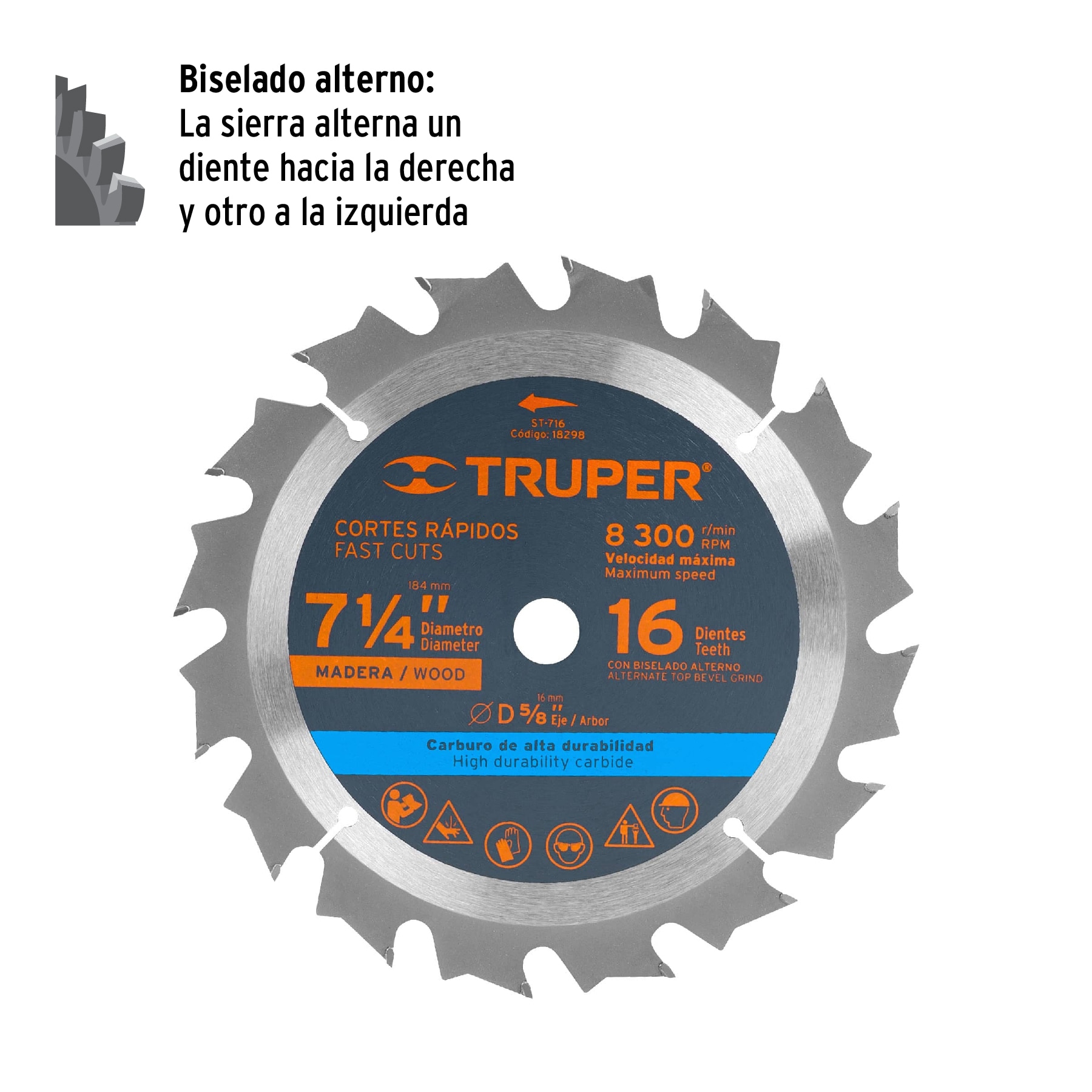Disco sierra 7- 1/4" para madera, 16 dientes centro 5/8" TRUPER