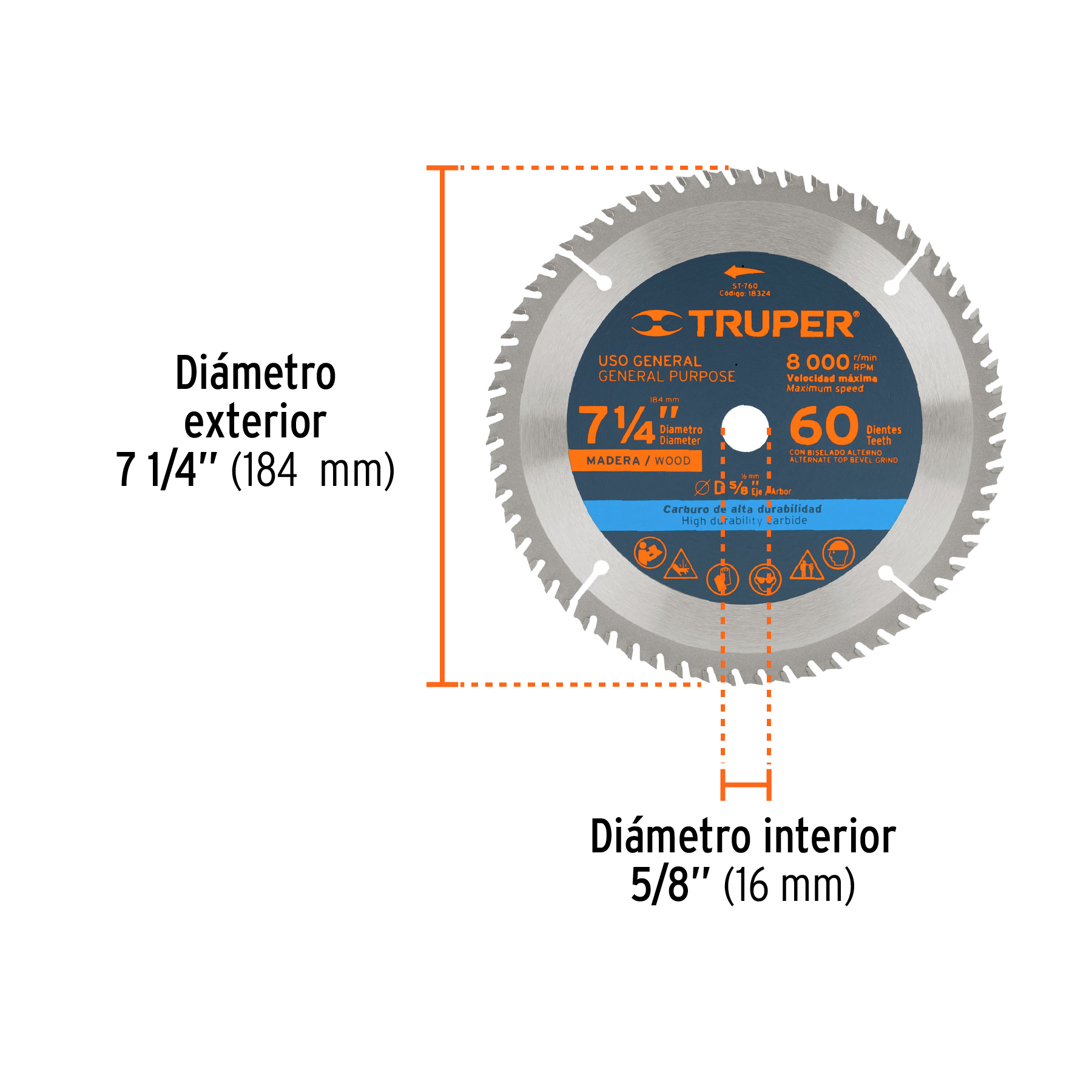 Disco sierra 7- 1/4" para madera, 16 dientes centro 5/8" TRUPER
