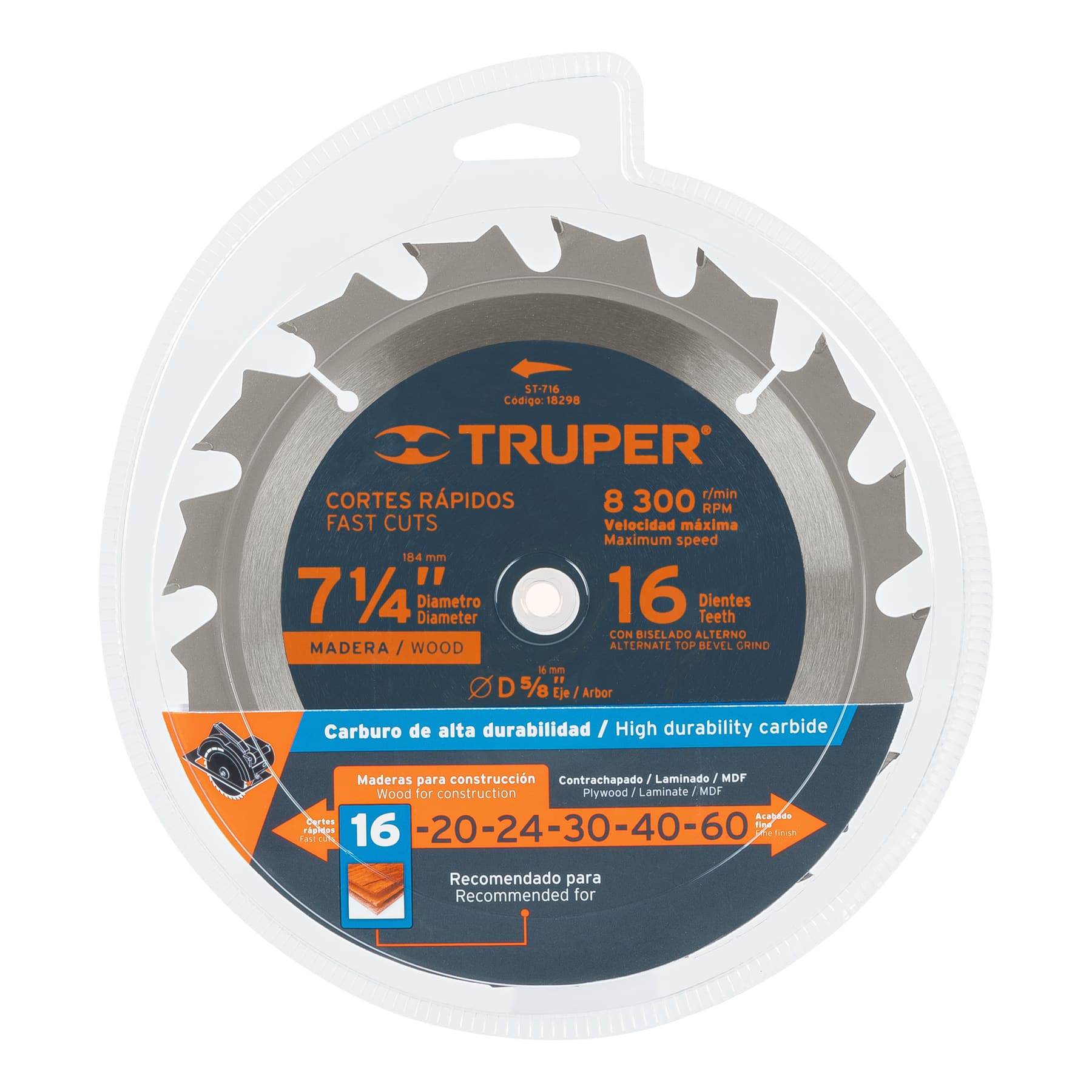 Disco sierra 7- 1/4" para madera, 16 dientes centro 5/8" TRUPER