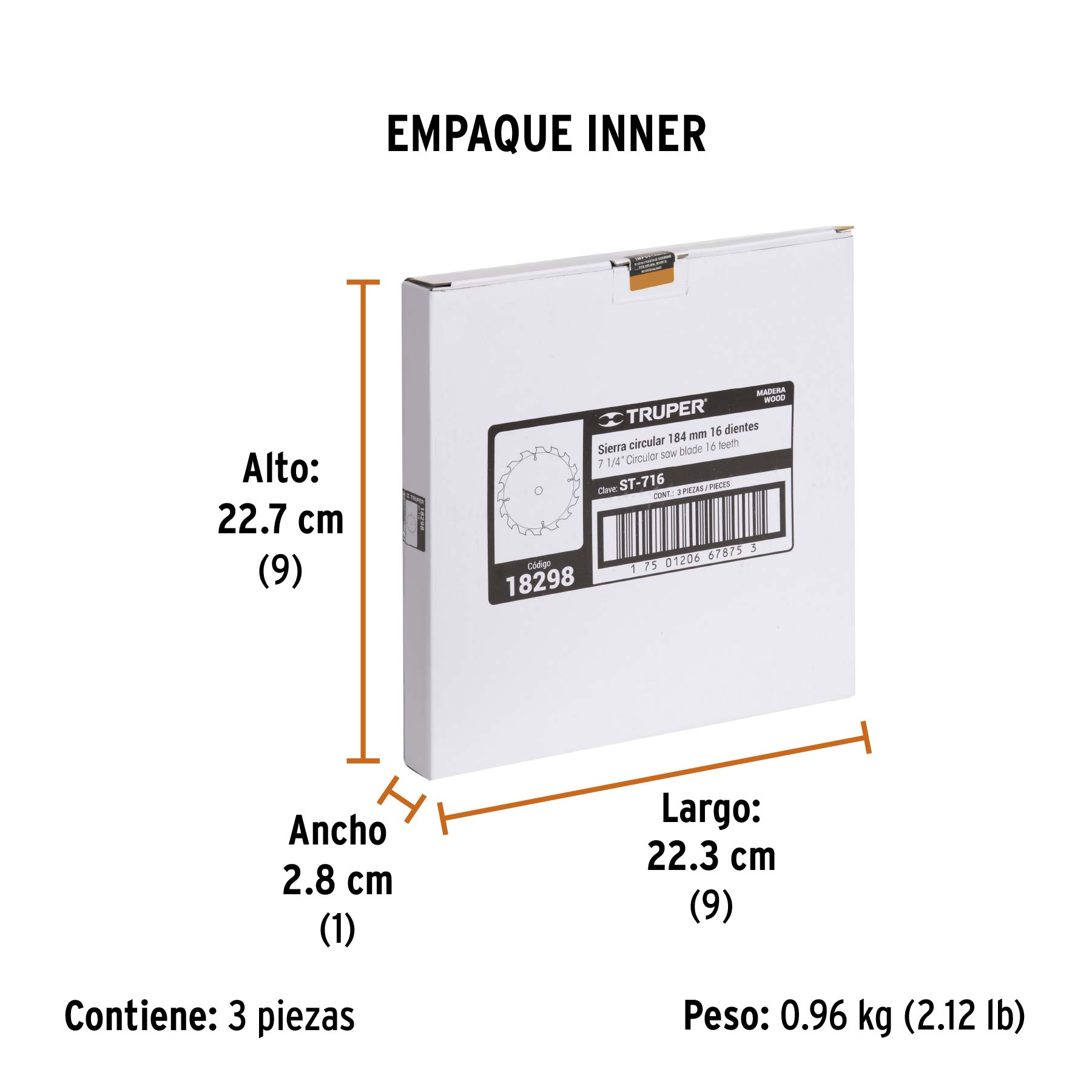 Disco sierra 7- 1/4" para madera, 16 dientes centro 5/8" TRUPER