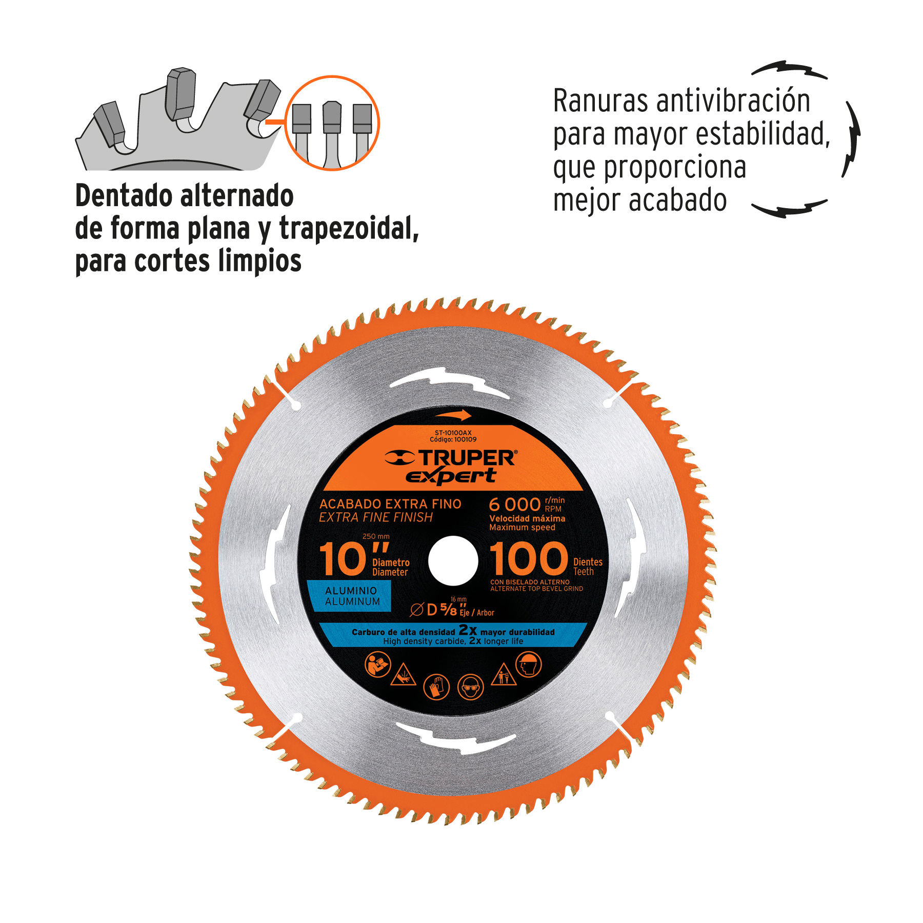 Disco sierra 10" p/aluminio, 100 dientes centro 5/8", EXPERT TRUPER