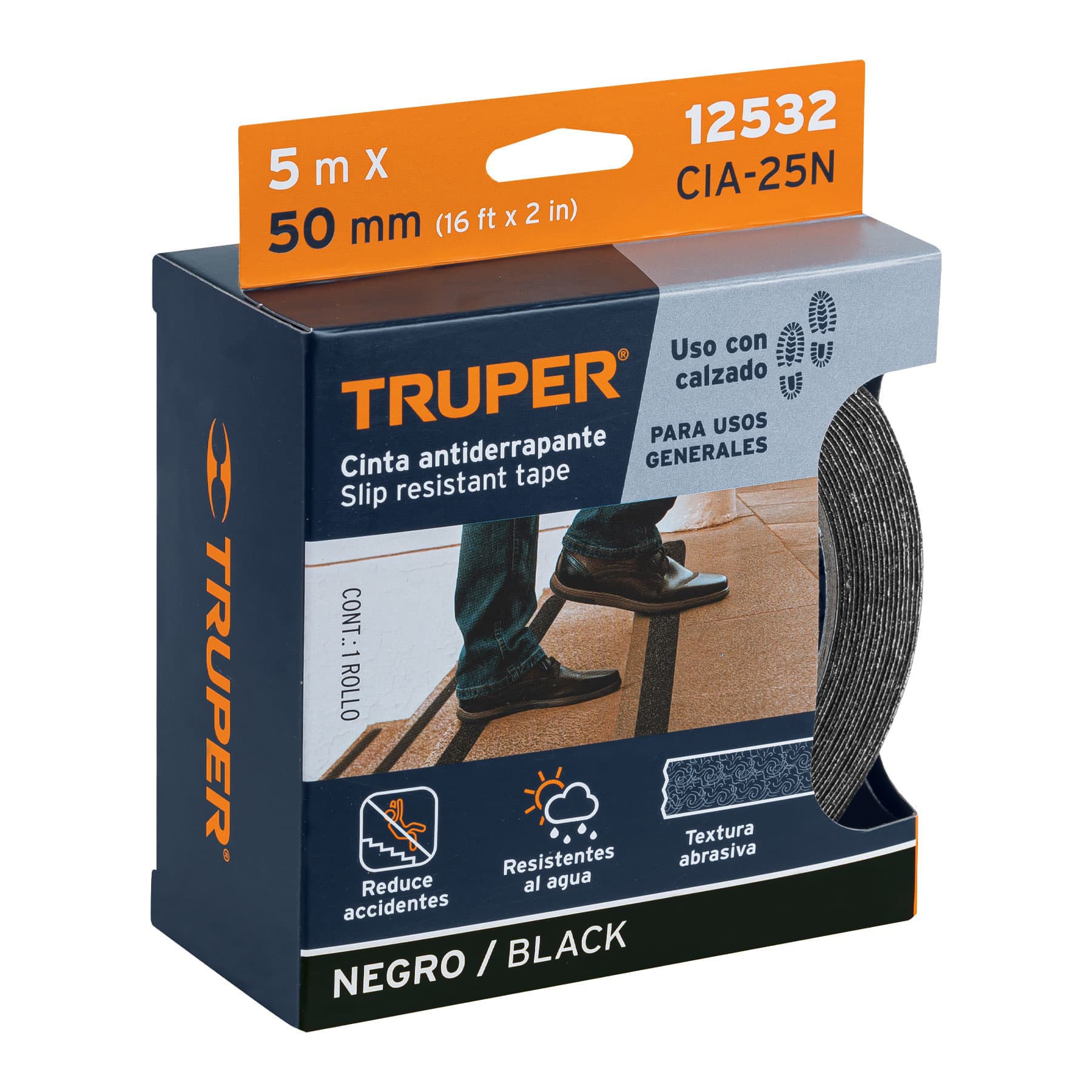 Rollo de 5 m de cinta antiderrapante negra 50mm con abrasivo TRUPER