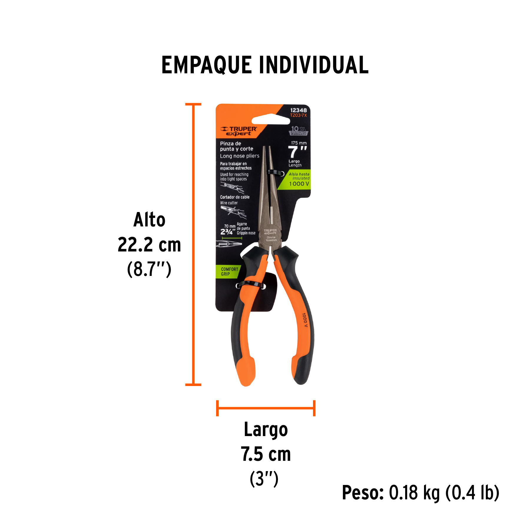 Pinza punta y corte 7" mango Comfort Grip, TRUPER EXPERT TRUPER