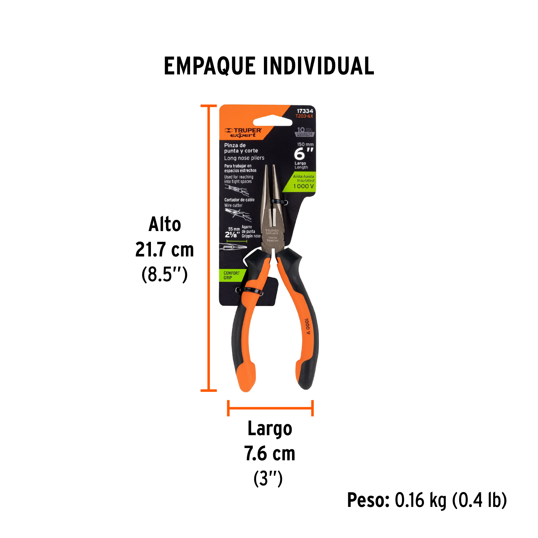 Pinza punta y corte 6" mango Comfort Grip, TRUPER EXPERT TRUPER