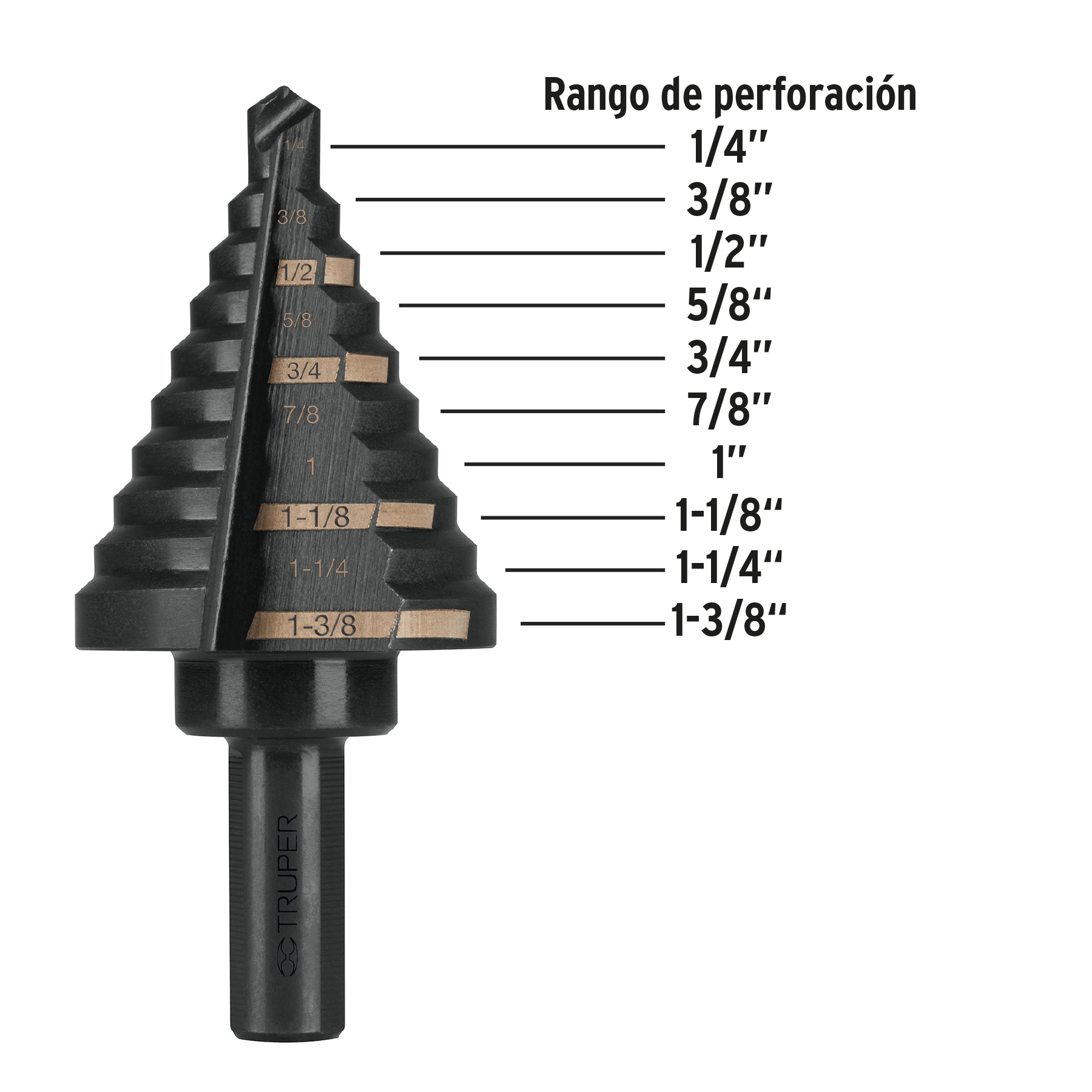 Broca escalonada óxido negro 10escalones 1/4 a 1-3/8",Truper TRUPER