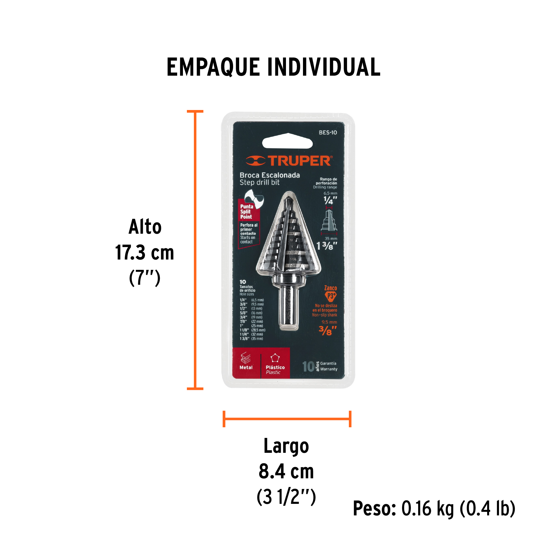 Broca escalonada óxido negro 10escalones 1/4 a 1-3/8",Truper TRUPER
