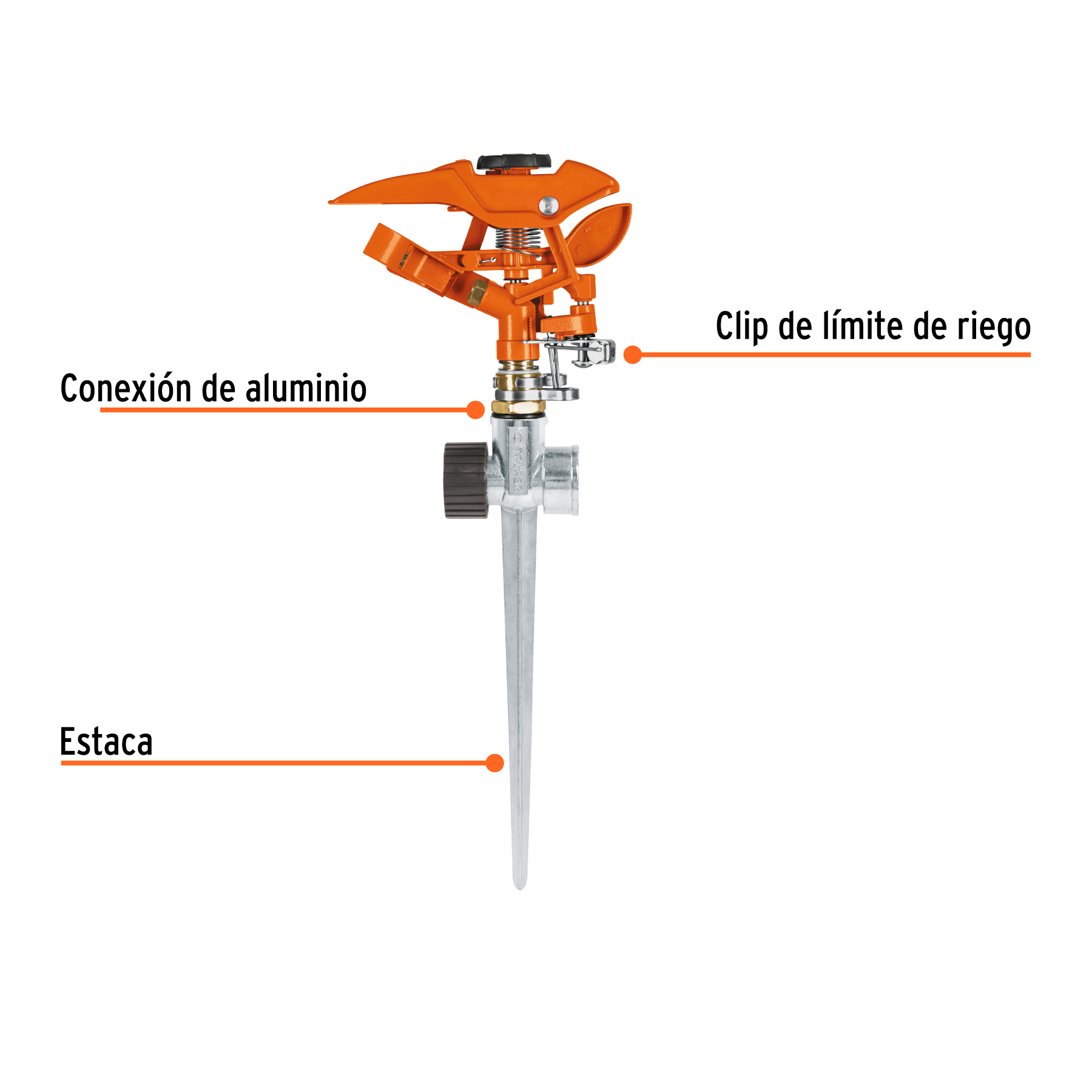 Aspersor metálico 11" dos vías, estaca metálica, TRUPER TRUPER