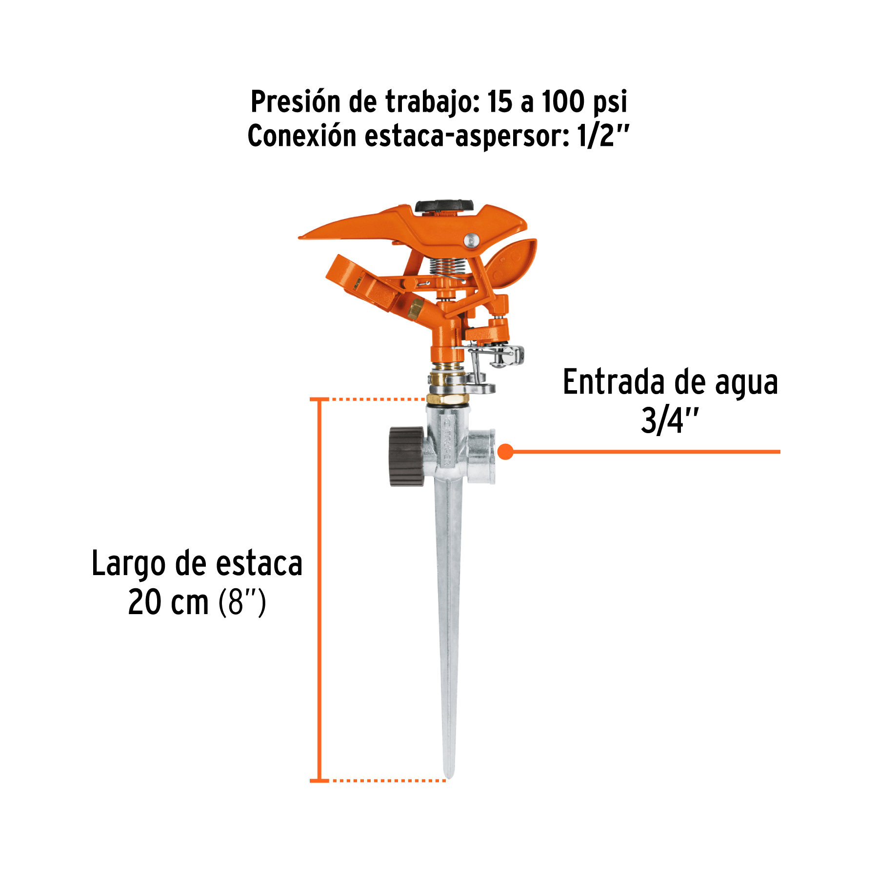 Aspersor metálico 11" dos vías, estaca metálica, TRUPER TRUPER
