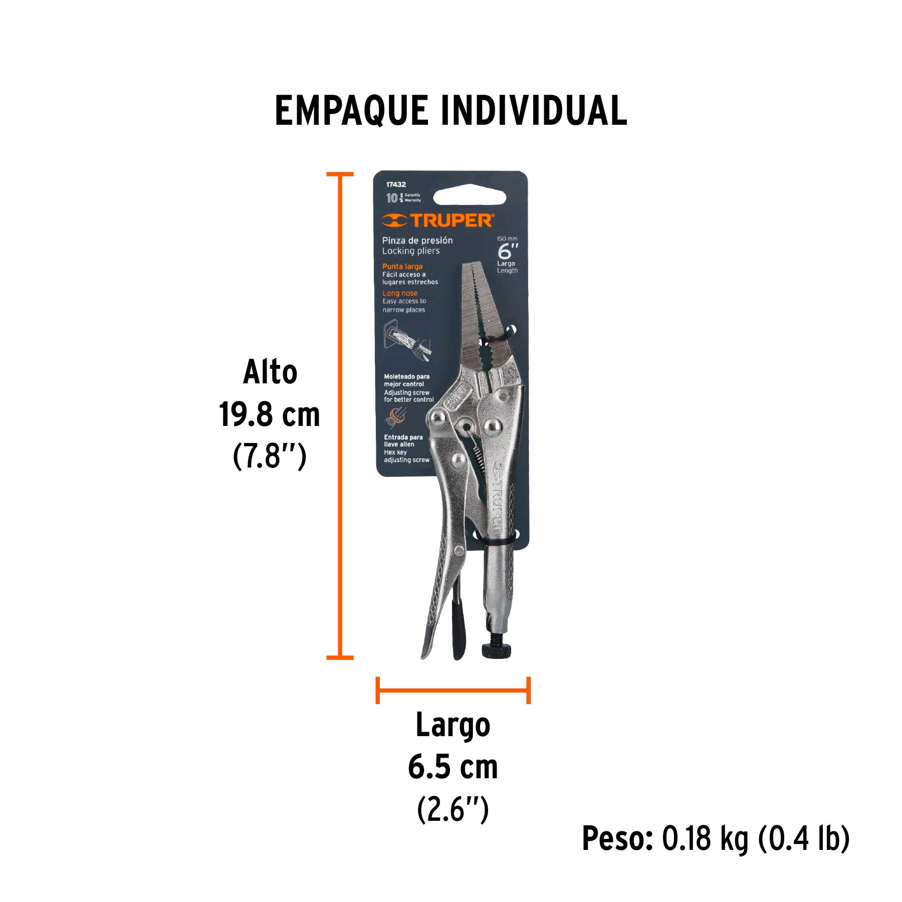 Pinza de presión 6", punta larga, TRUPER TRUPER