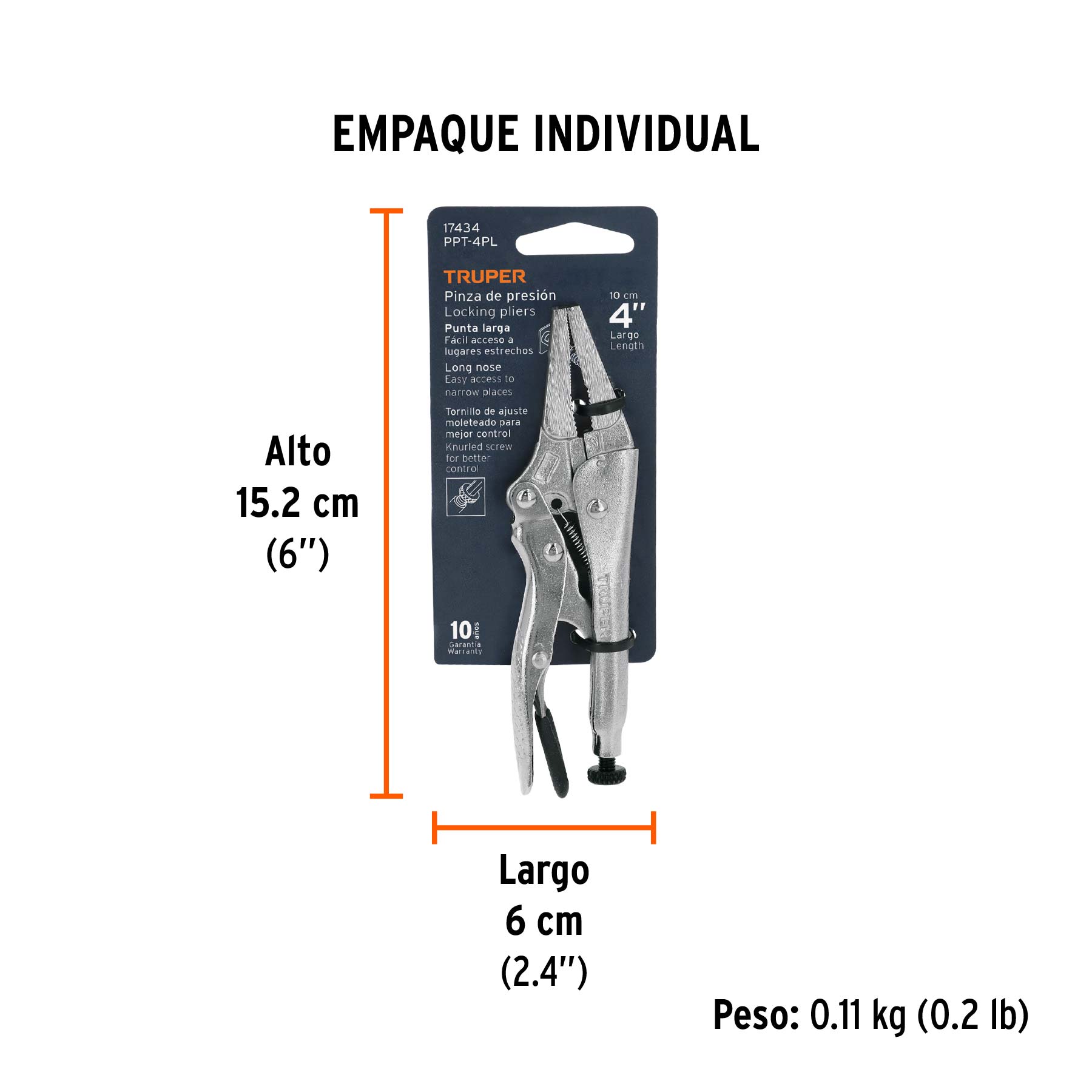 Pinza de presión 4", punta larga, TRUPER TRUPER