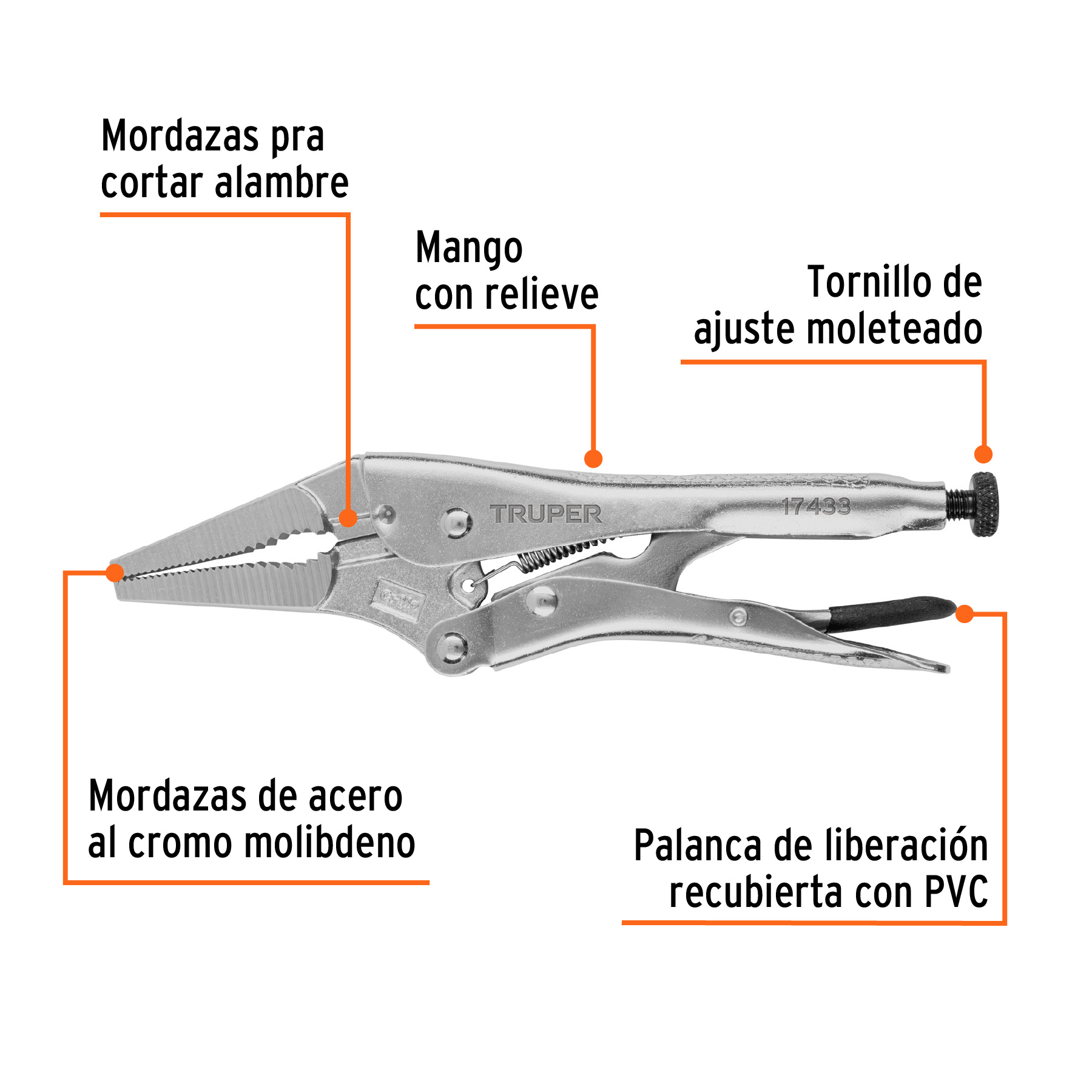 Pinza de presión 9", punta larga, TRUPER TRUPER