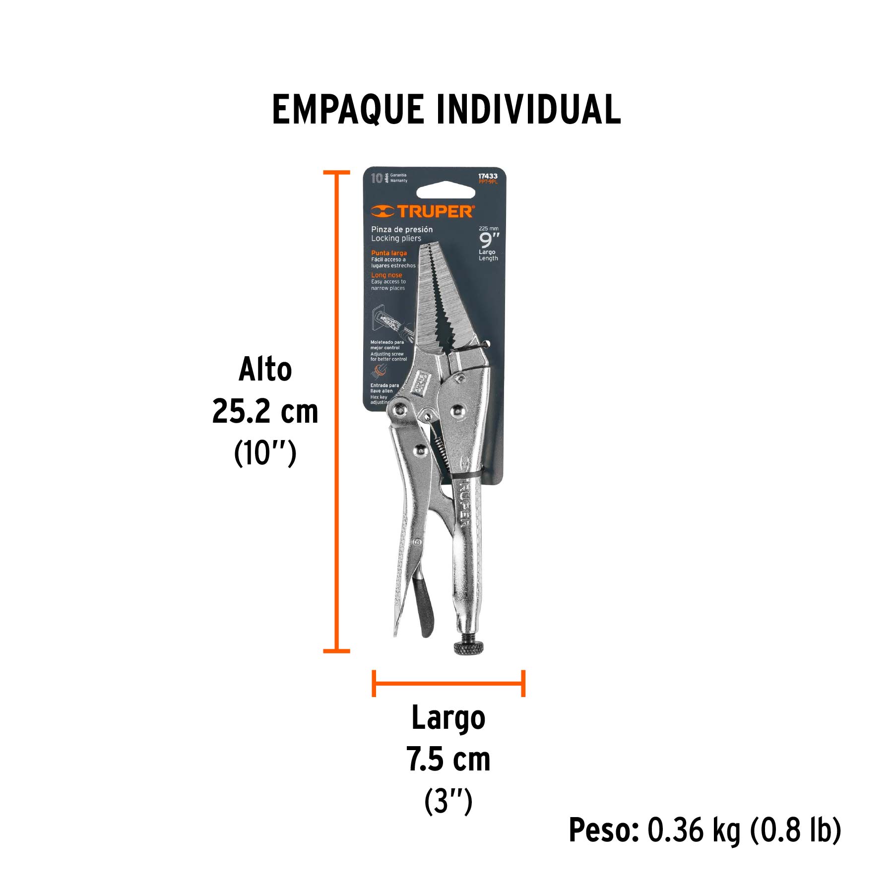 Pinza de presión 9", punta larga, TRUPER TRUPER