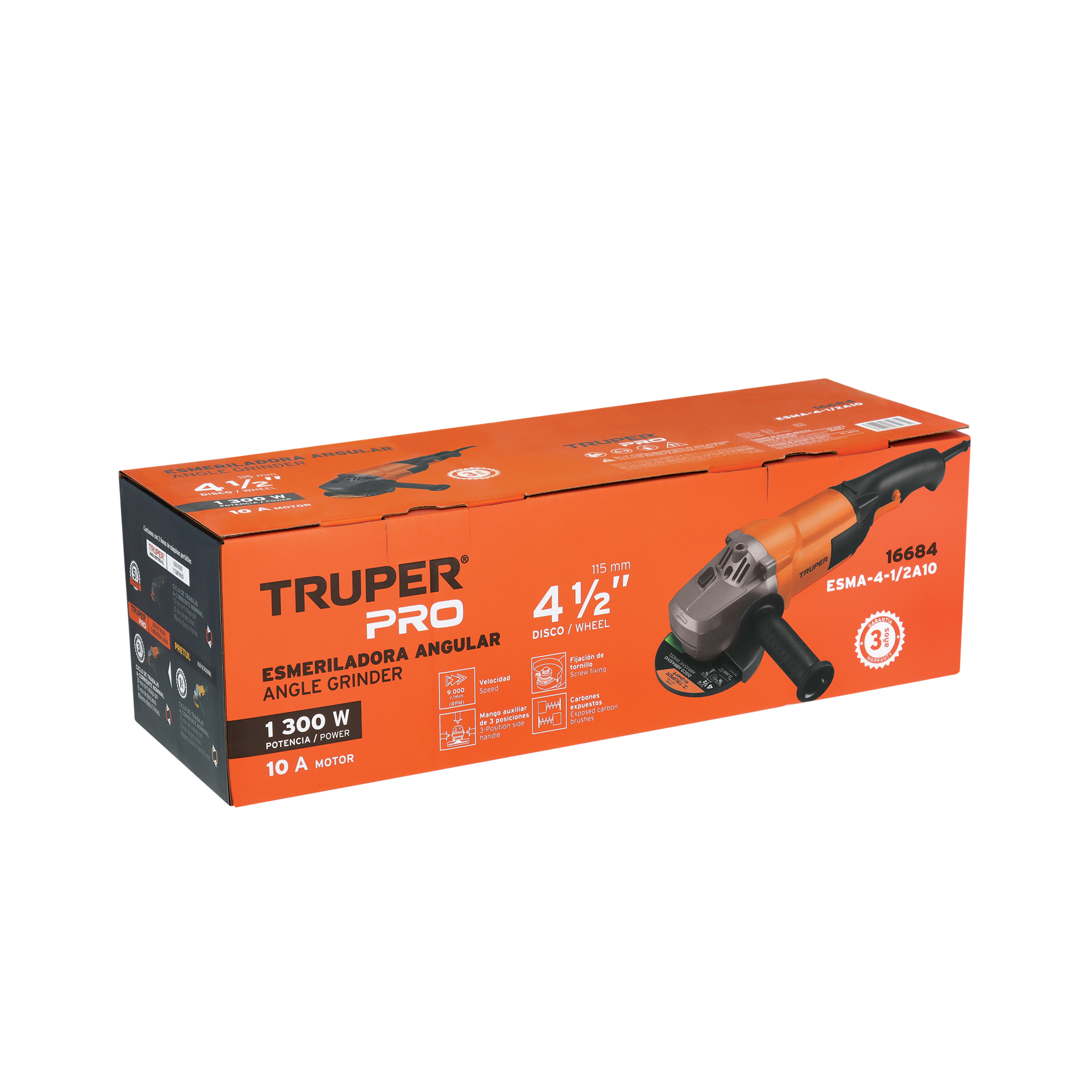 Esmeriladora angular 4-1/2", 1300W, TRUPER PRO TRUPER