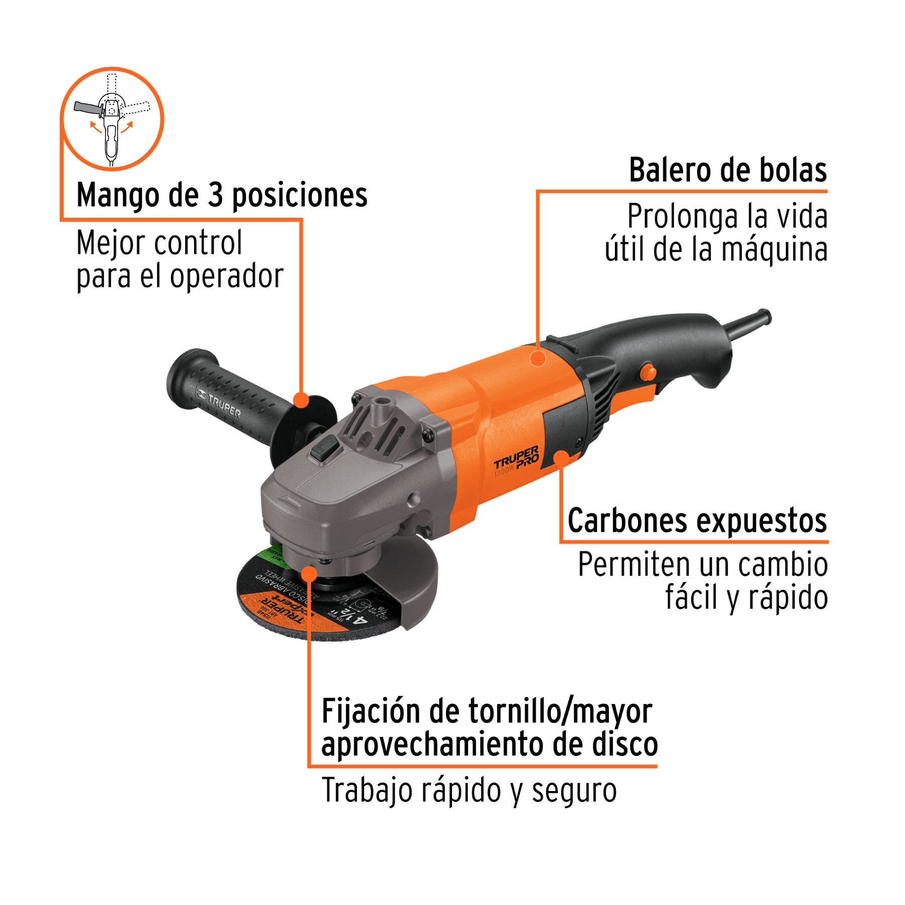 Esmeriladora angular 4-1/2", 1300W, TRUPER PRO TRUPER