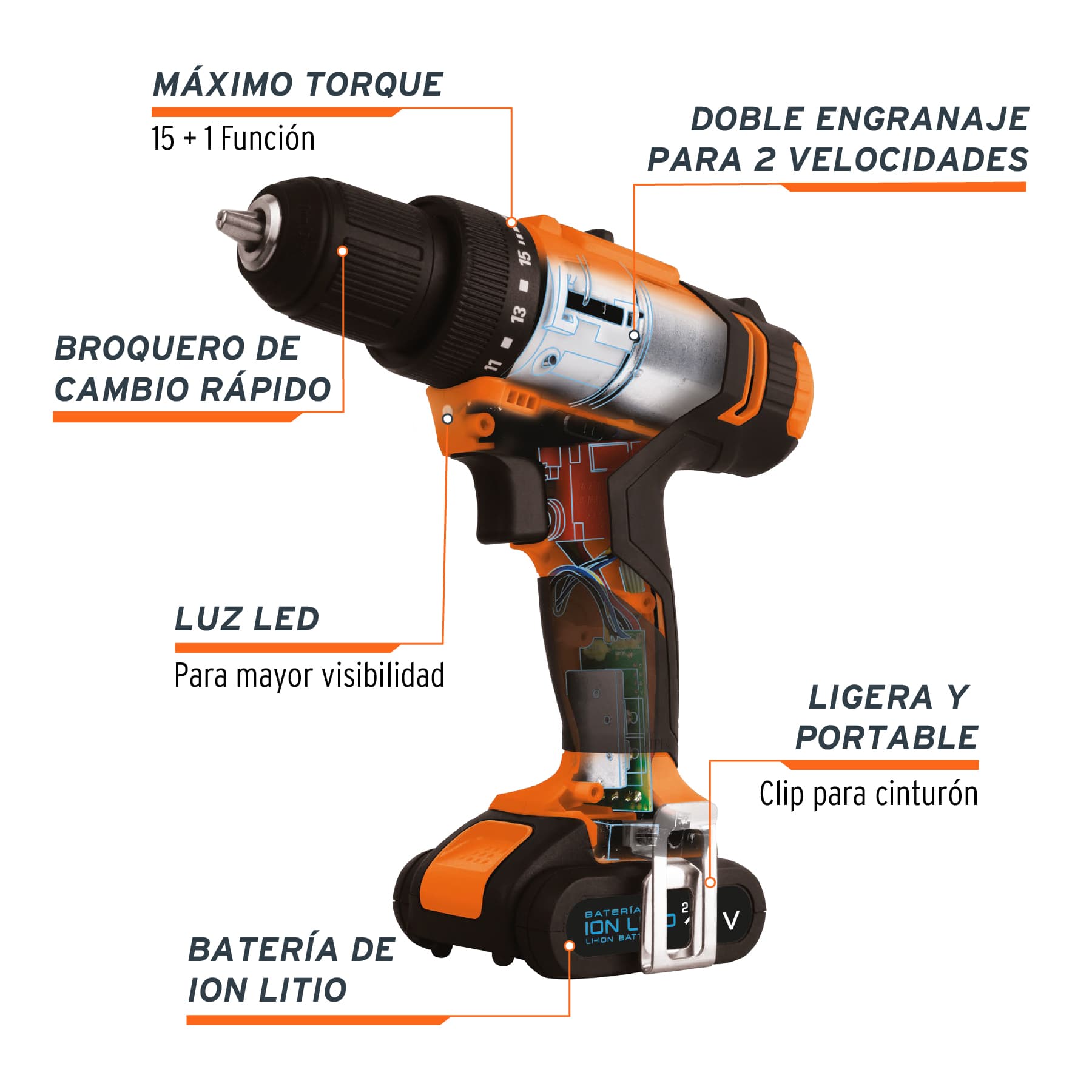 Taladro/destornillador 3/8", 12V, 1 batería 2Ah, PRO TRUPER