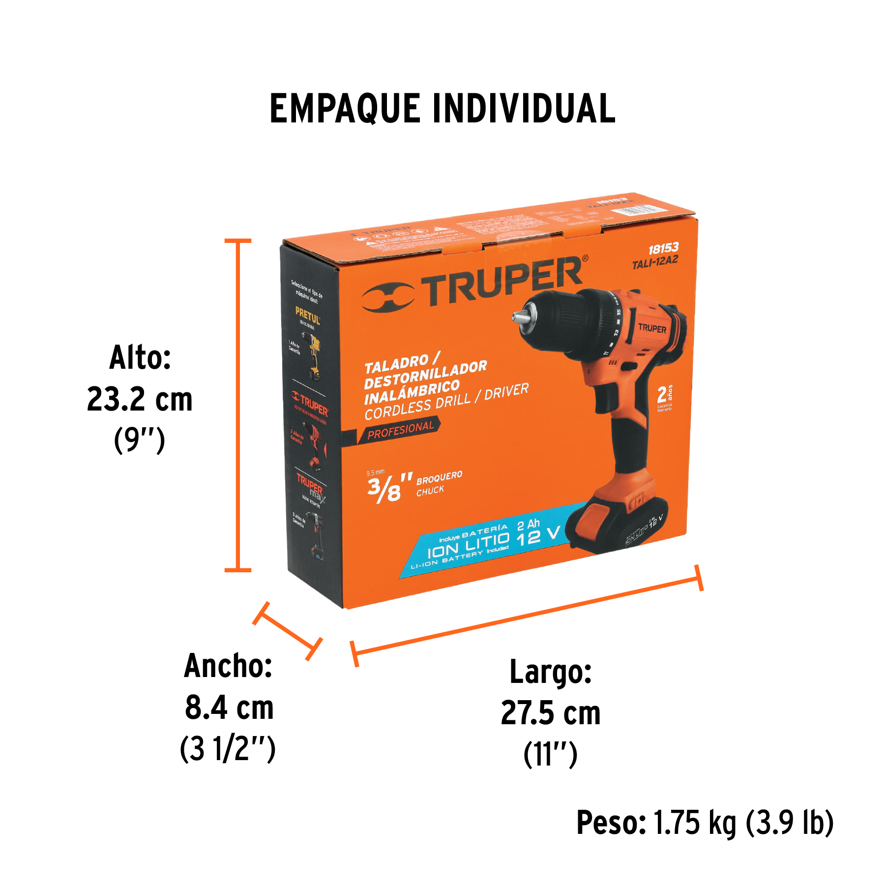 Taladro/destornillador 3/8", 12V, 1 batería 2Ah, PRO TRUPER