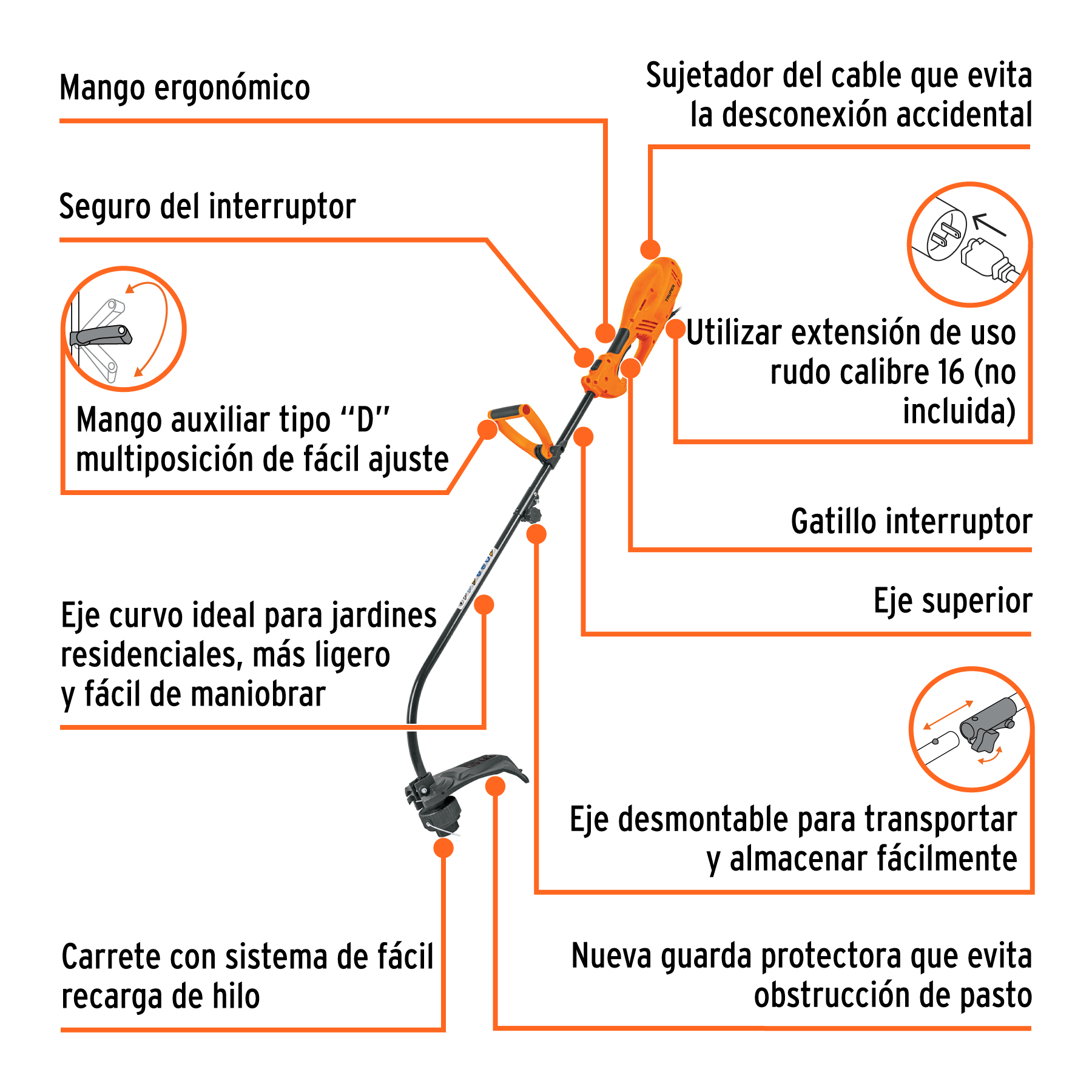 Desbrozadora eléctrica 1000 W mango "D", 14" corte, TRUPER TRUPER