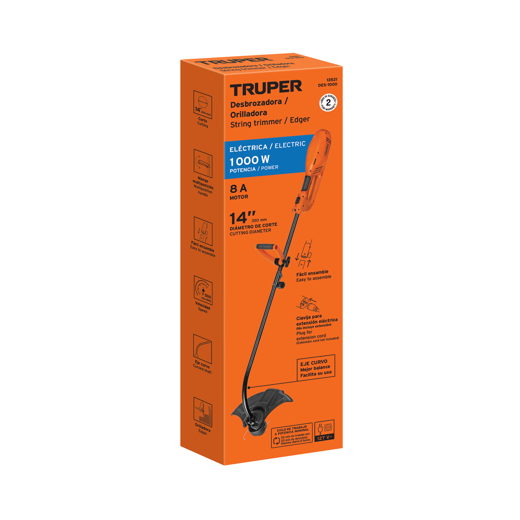 Desbrozadora eléctrica 1000 W mango "D", 14" corte, TRUPER TRUPER