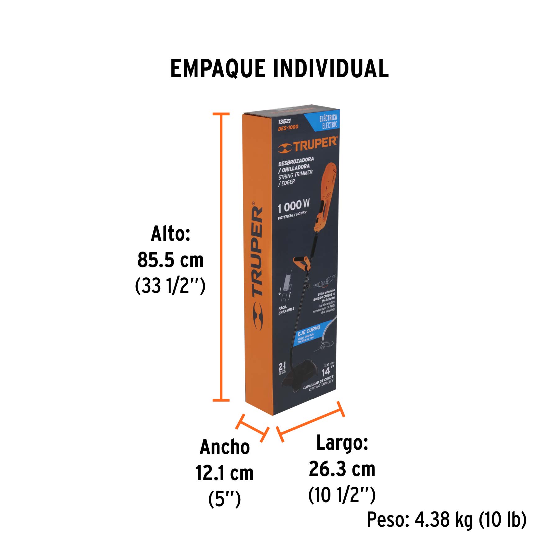 Desbrozadora eléctrica 1000 W mango "D", 14" corte, TRUPER TRUPER