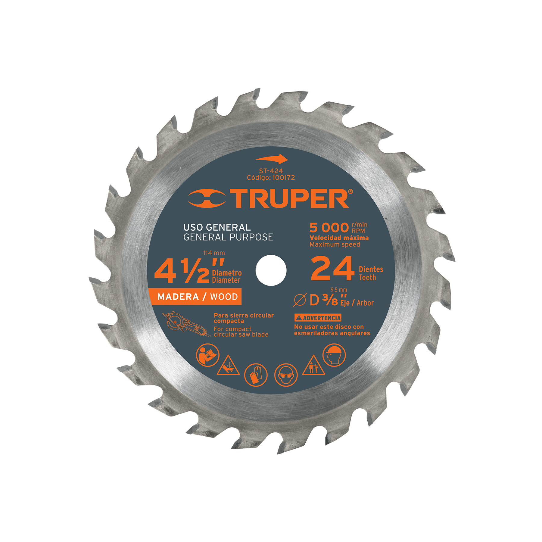 Disco sierra 4-1/2" para madera, 24 dientes centro 3/8" TRUPER
