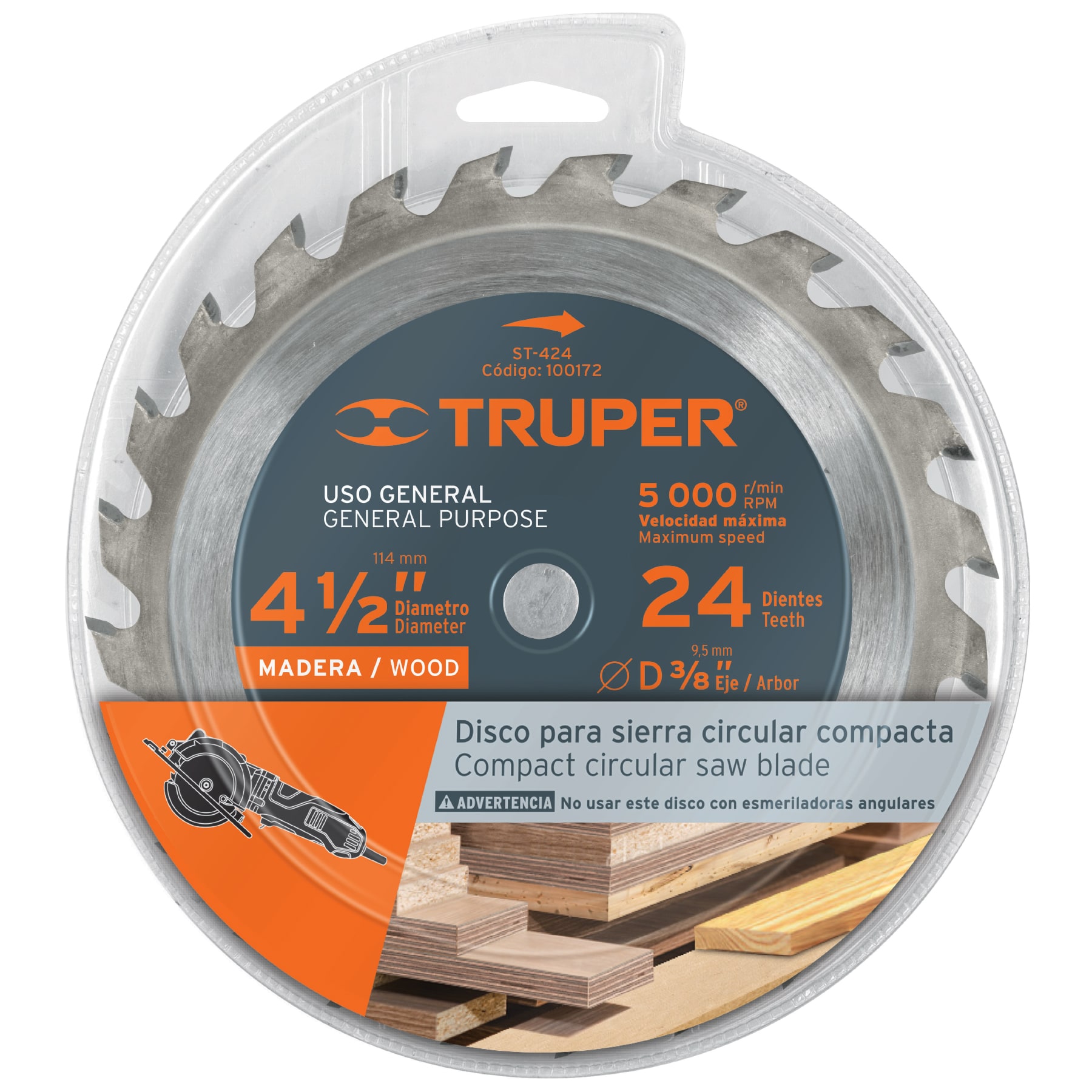 Disco sierra 4-1/2" para madera, 24 dientes centro 3/8" TRUPER