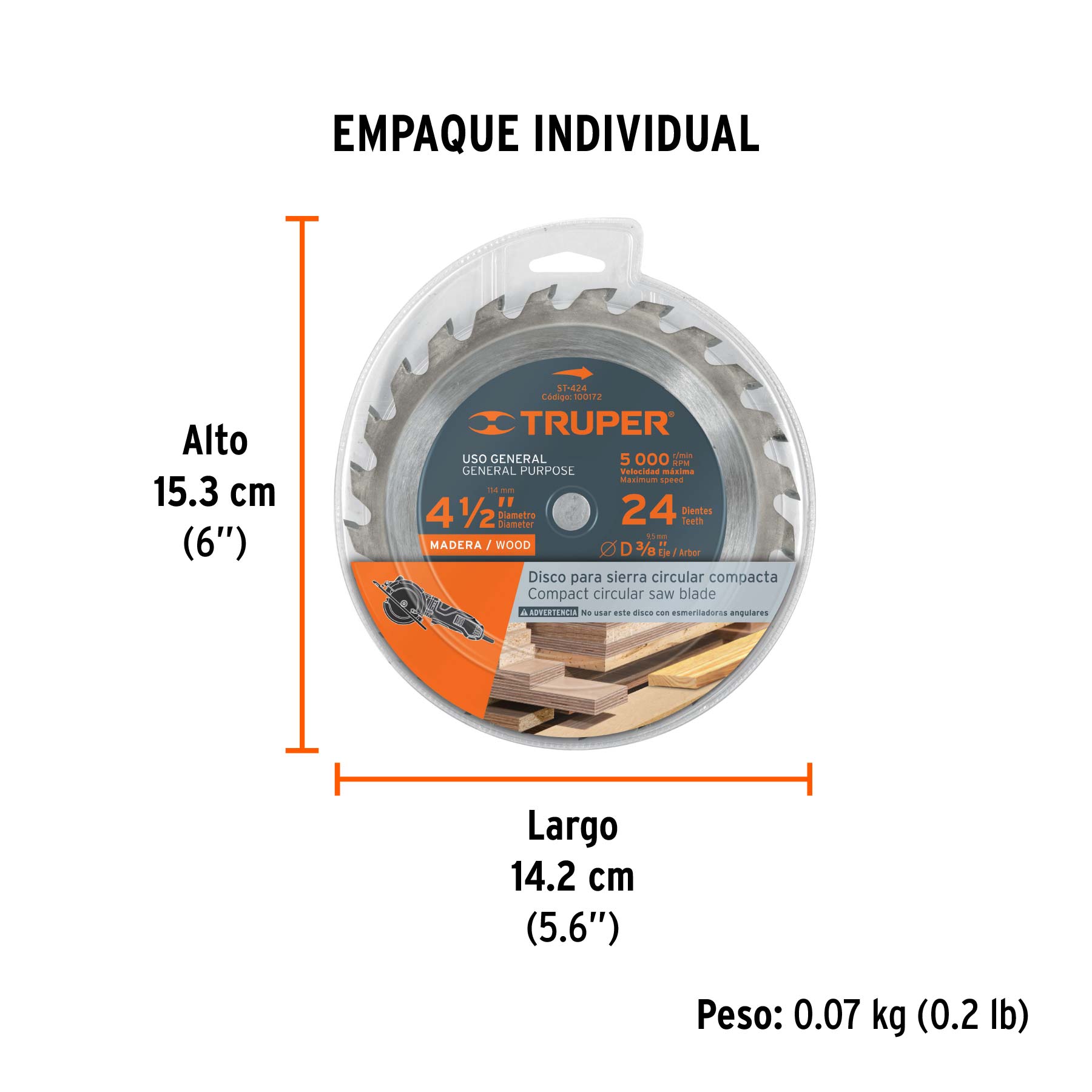 Disco sierra 4-1/2" para madera, 24 dientes centro 3/8" TRUPER