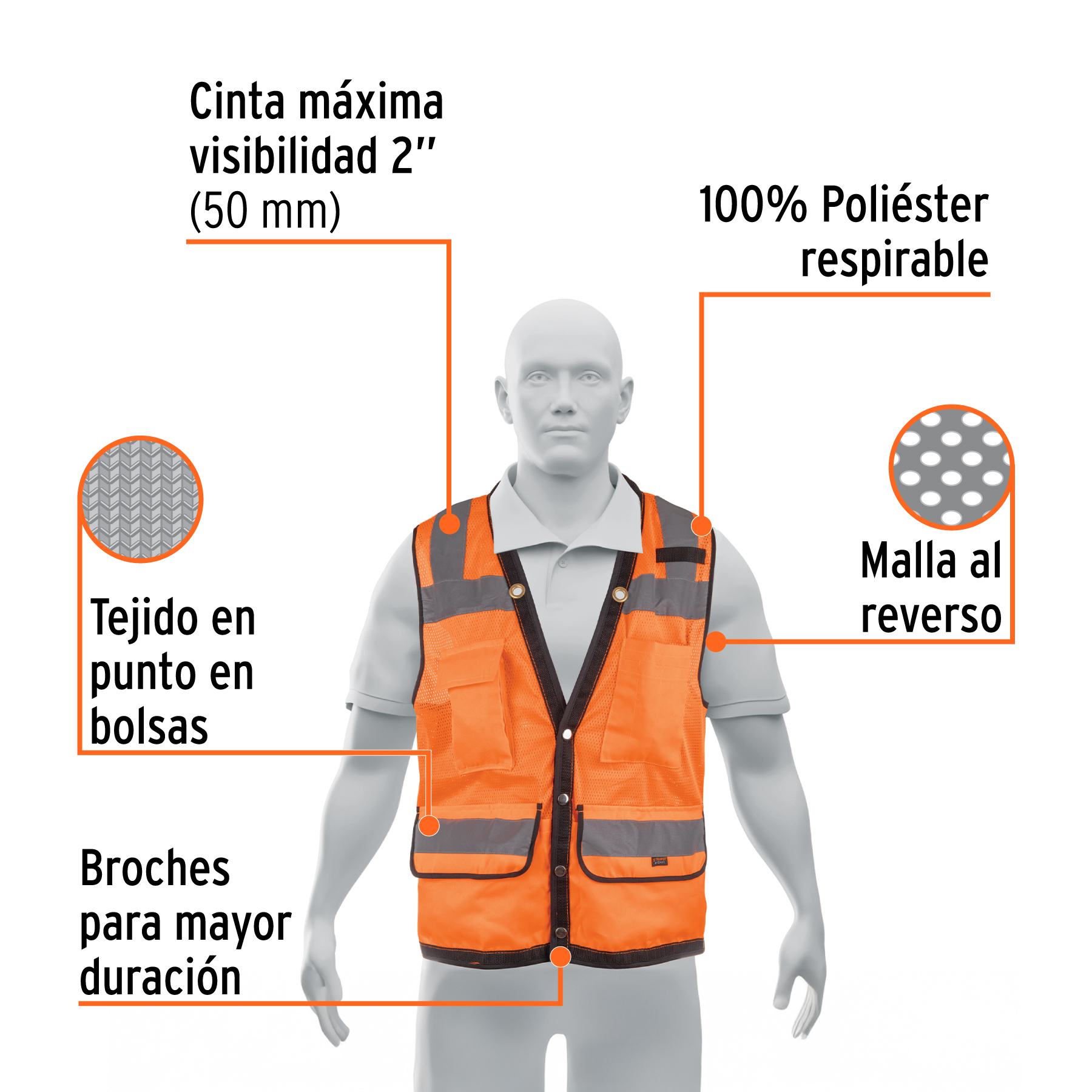 Chaleco seguridad reforzado naranja con bolsas, M, EXPERT TRUPER