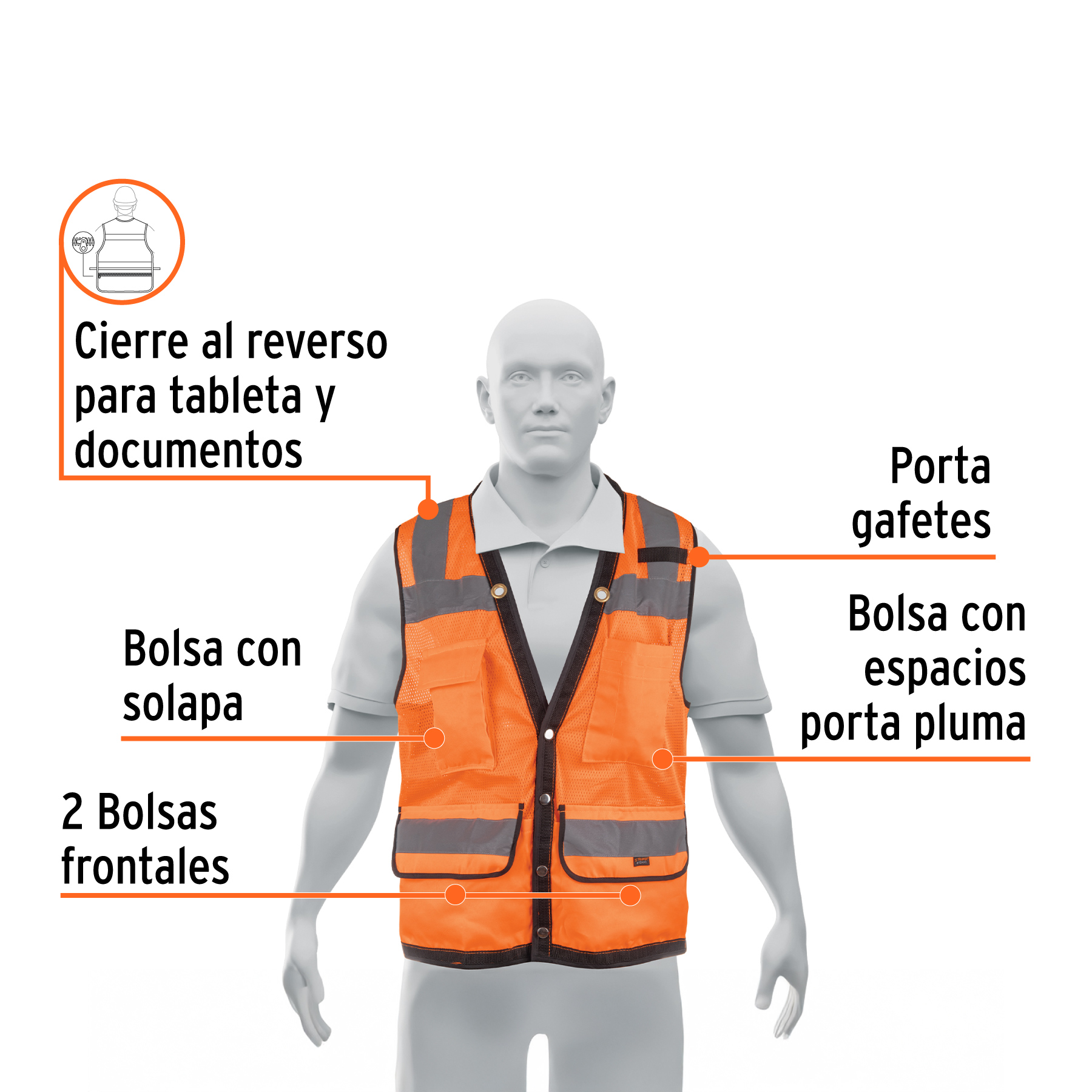 Chaleco seguridad reforzado naranja con bolsas, M, EXPERT TRUPER