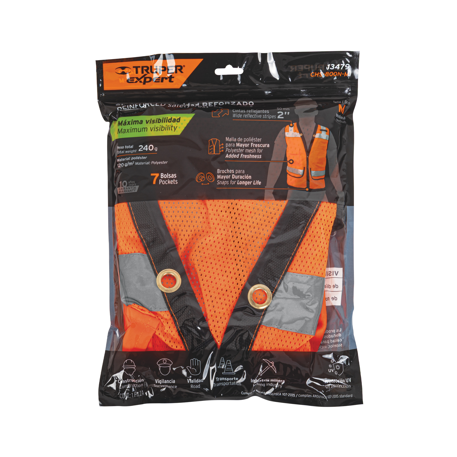 Chaleco seguridad reforzado naranja con bolsas, M, EXPERT TRUPER