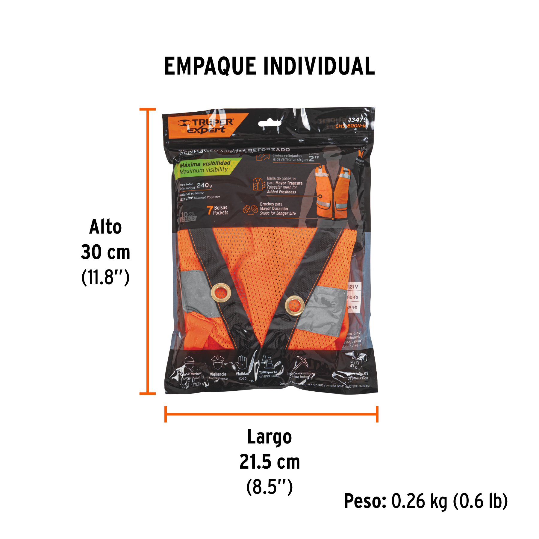 Chaleco seguridad reforzado naranja con bolsas, M, EXPERT TRUPER