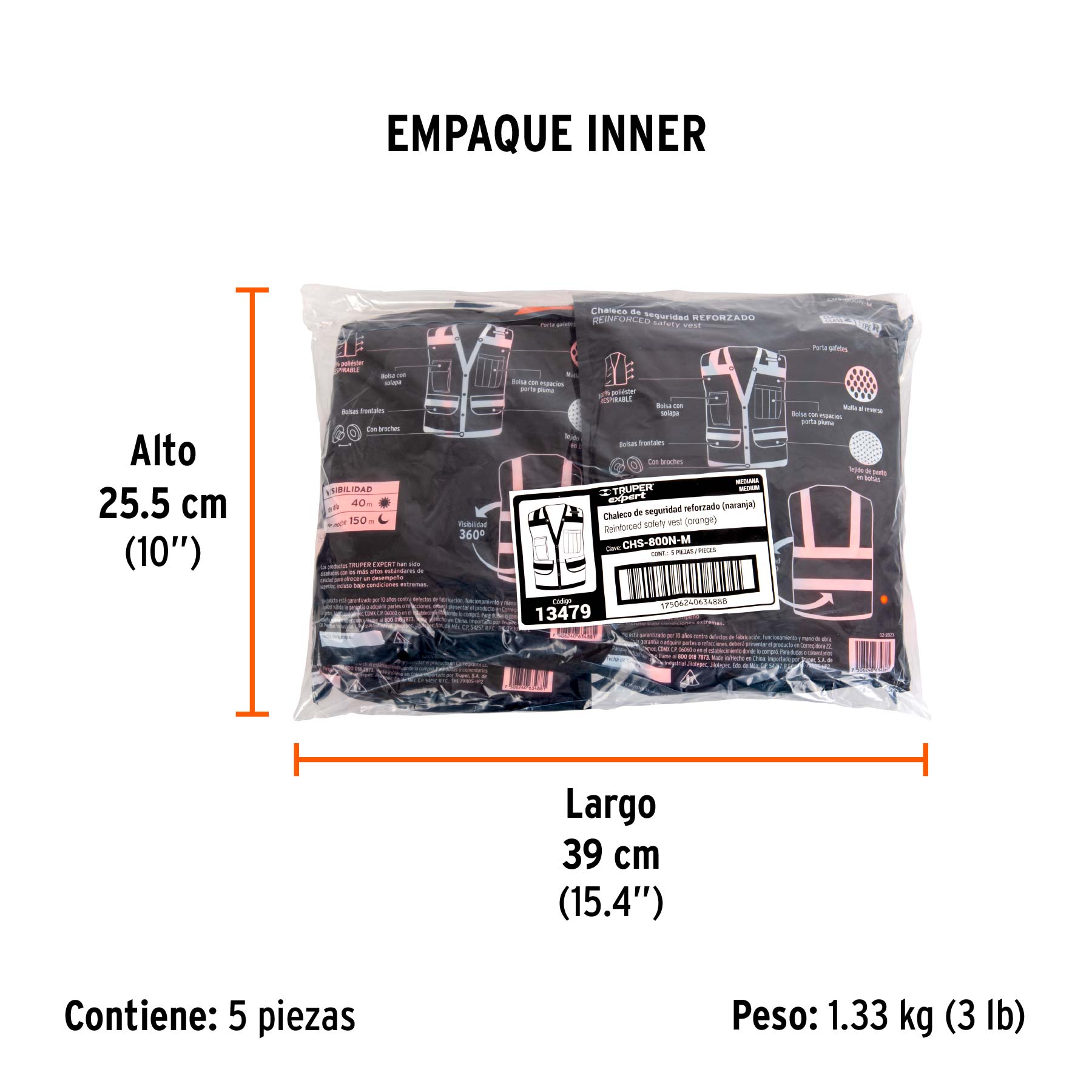 Chaleco seguridad reforzado naranja con bolsas, M, EXPERT TRUPER