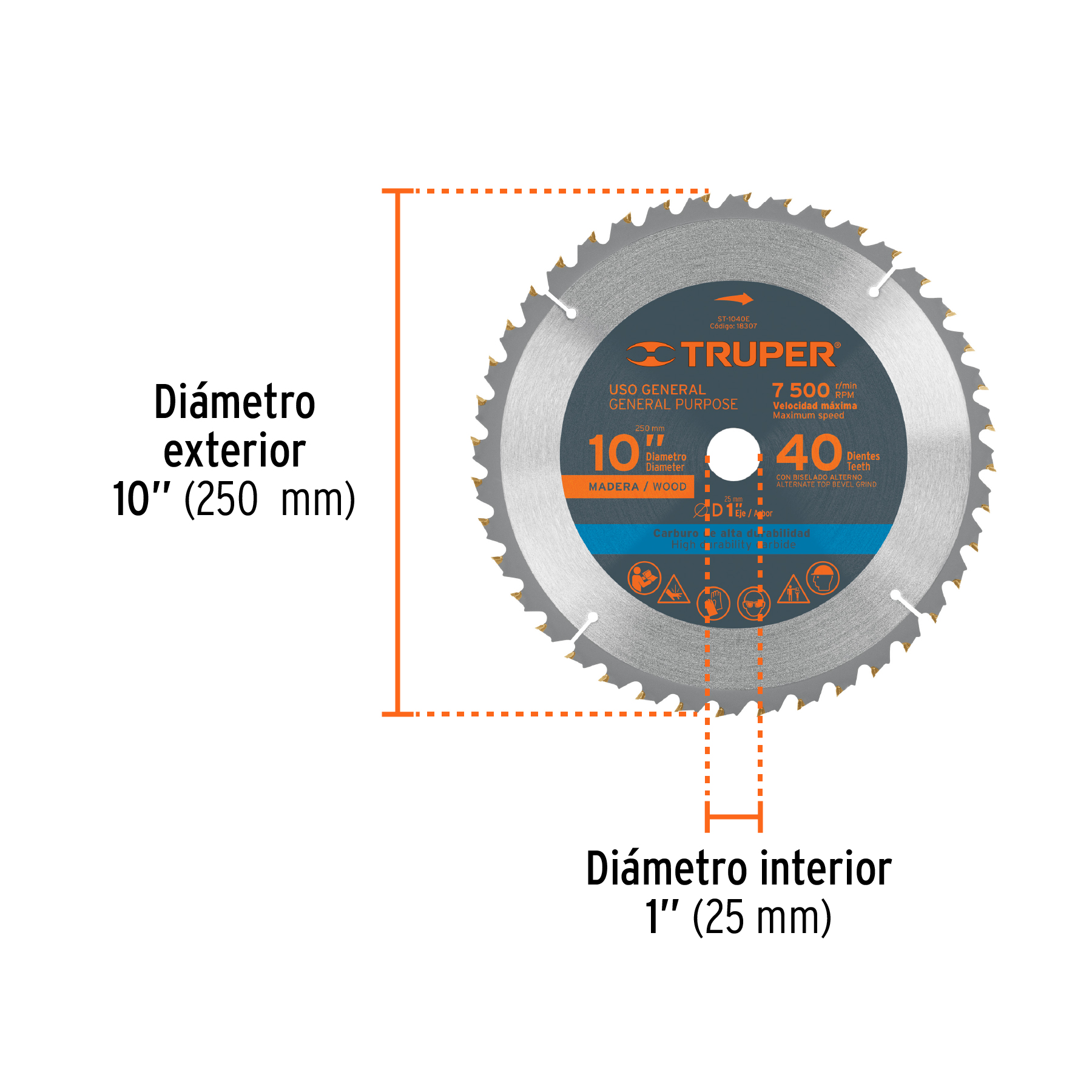 Disco sierra 10" para madera, 40 dientes centro 1", TRUPER TRUPER