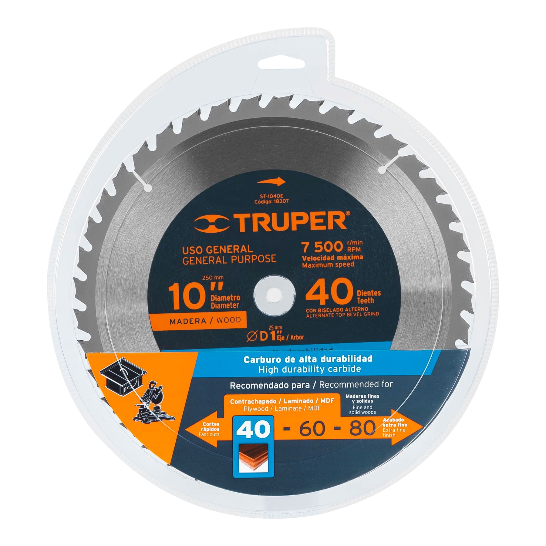 Disco sierra 10" para madera, 40 dientes centro 1", TRUPER TRUPER