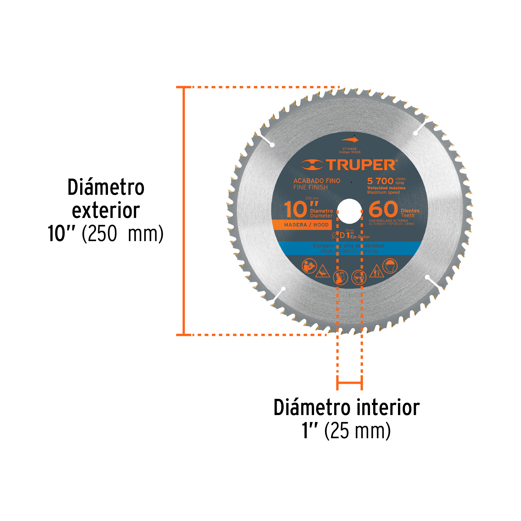 Disco sierra 10" para madera, 60 dientes centro 1", TRUPER TRUPER