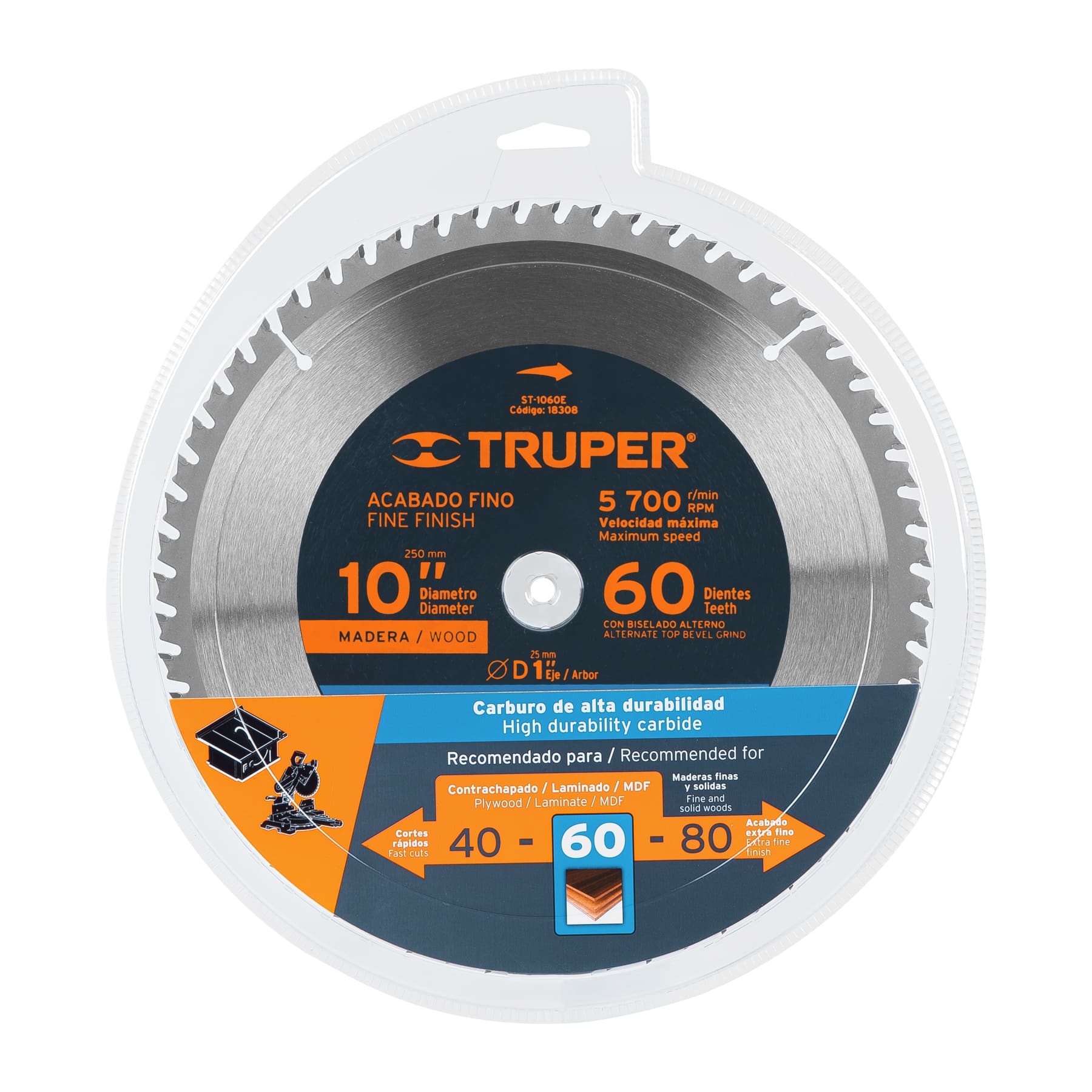 Disco sierra 10" para madera, 60 dientes centro 1", TRUPER TRUPER