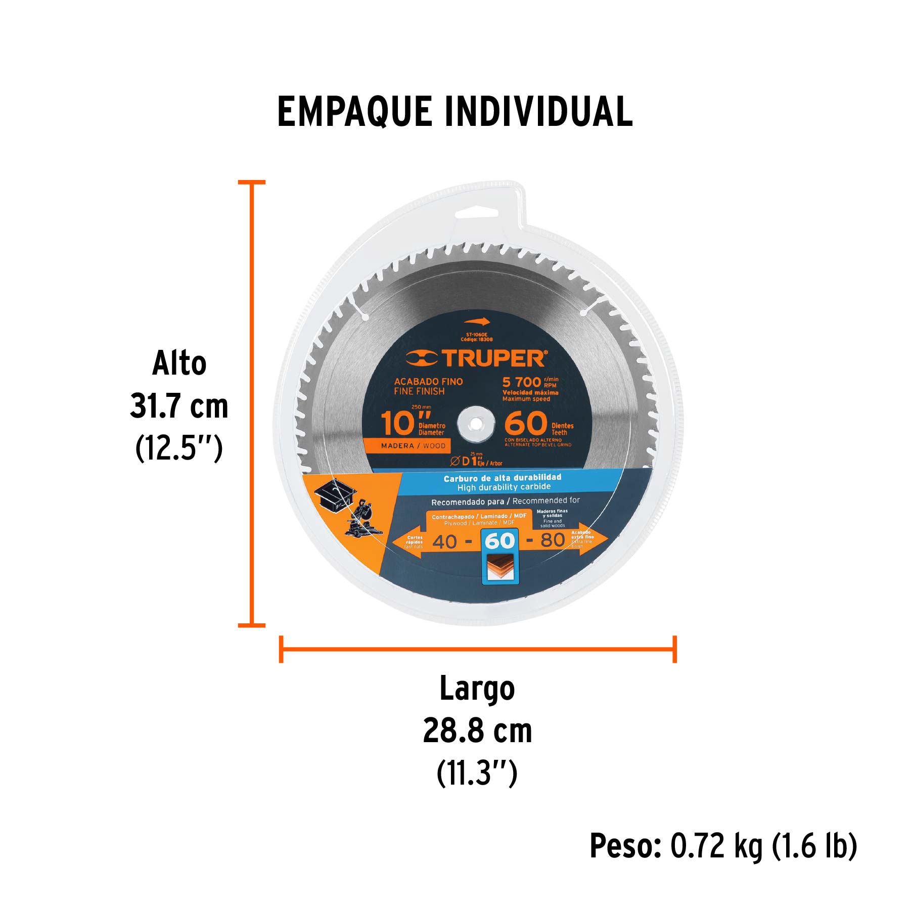 Disco sierra 10" para madera, 60 dientes centro 1", TRUPER TRUPER