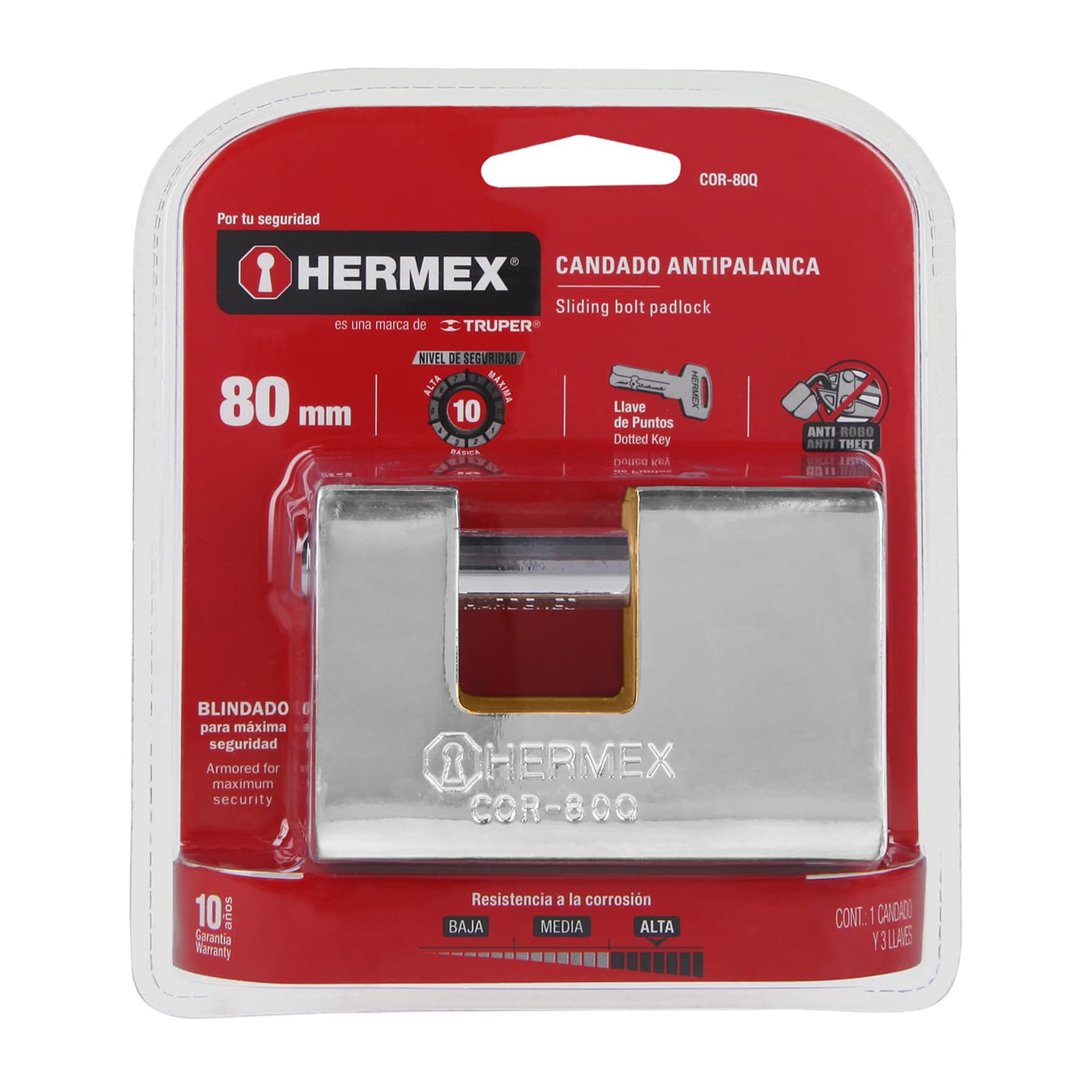Candado antipalanca, 80mm, blindado, llave puntos, HERMEX TRUPER