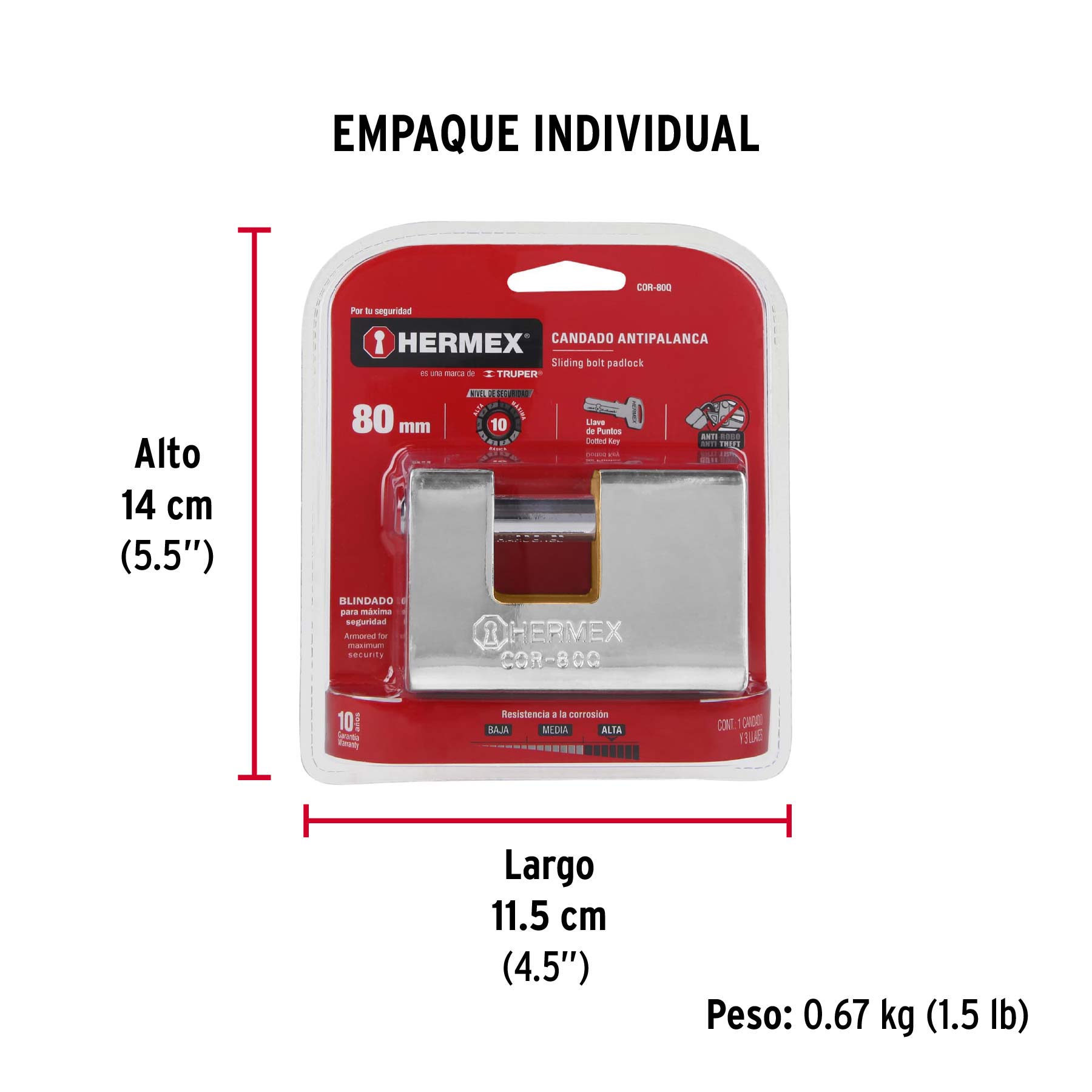 Candado antipalanca, 80mm, blindado, llave puntos, HERMEX TRUPER