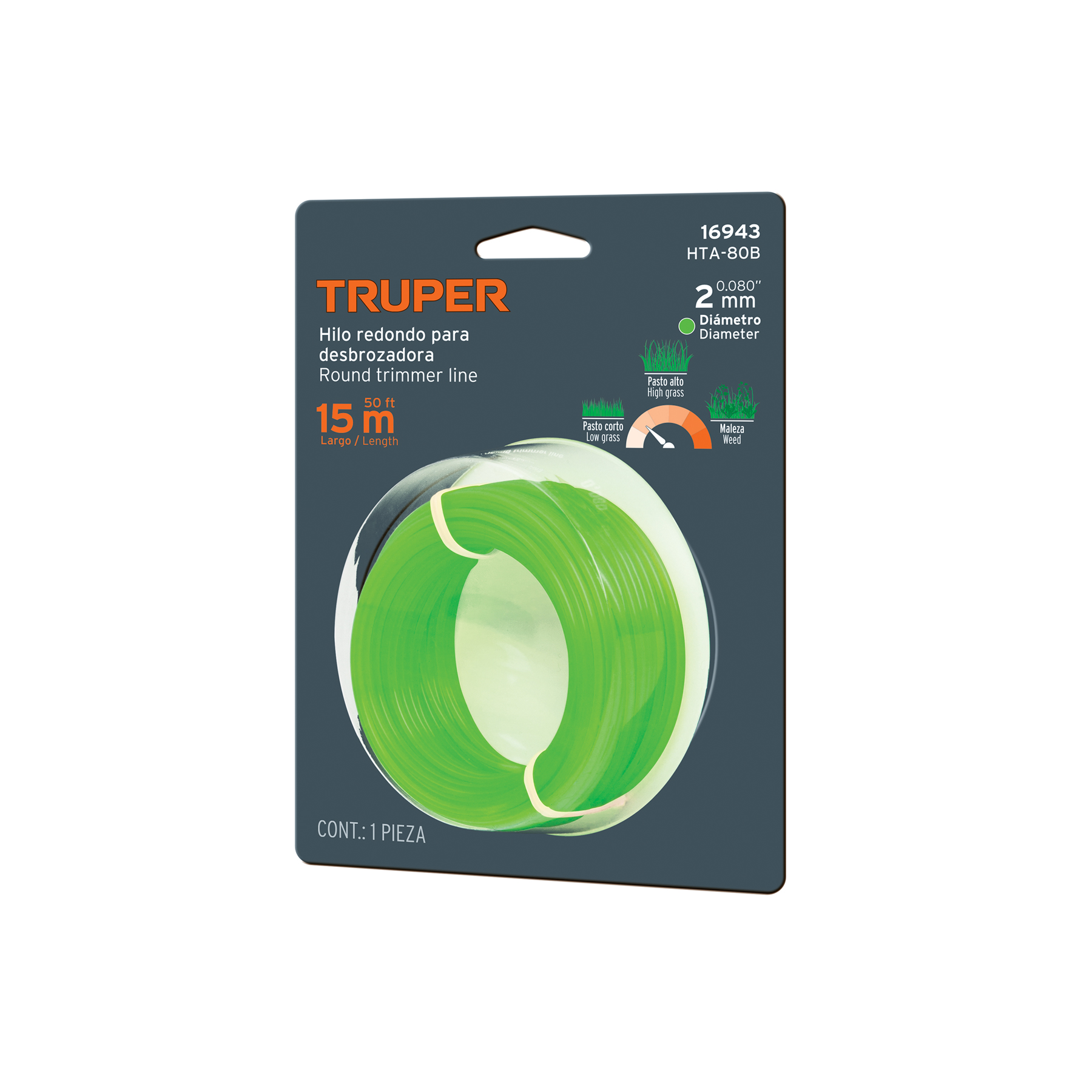 Hilo redondo, para desbrozadora, 2mm x 15m, tarjeta, TRUPER TRUPER