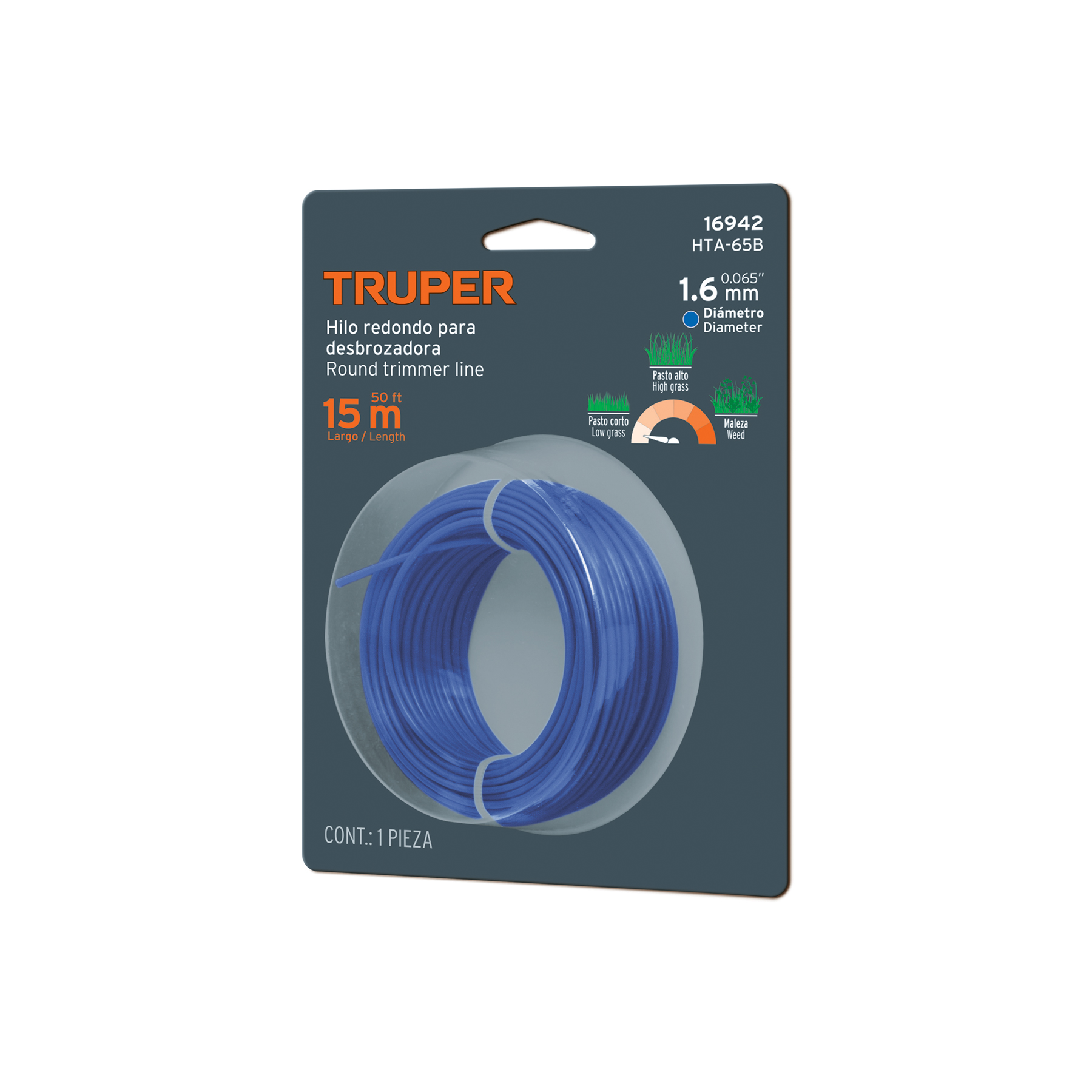 Hilo redondo, para desbrozadora, 1.6mm x 15m, tarjeta,TRUPER TRUPER