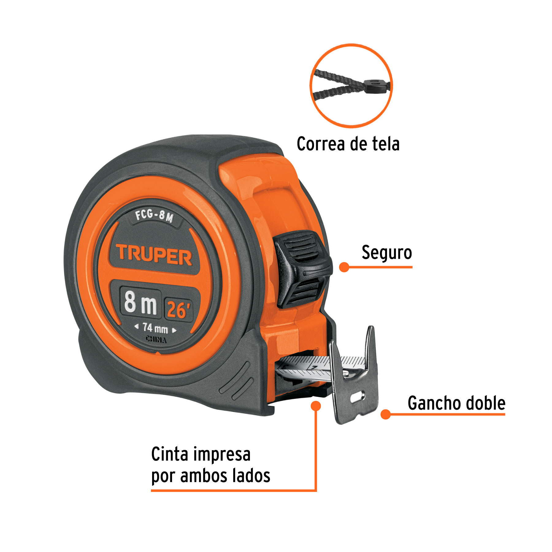 Flexómetro compacto contra impactos 8 m cinta 25 mm, TRUPER TRUPER
