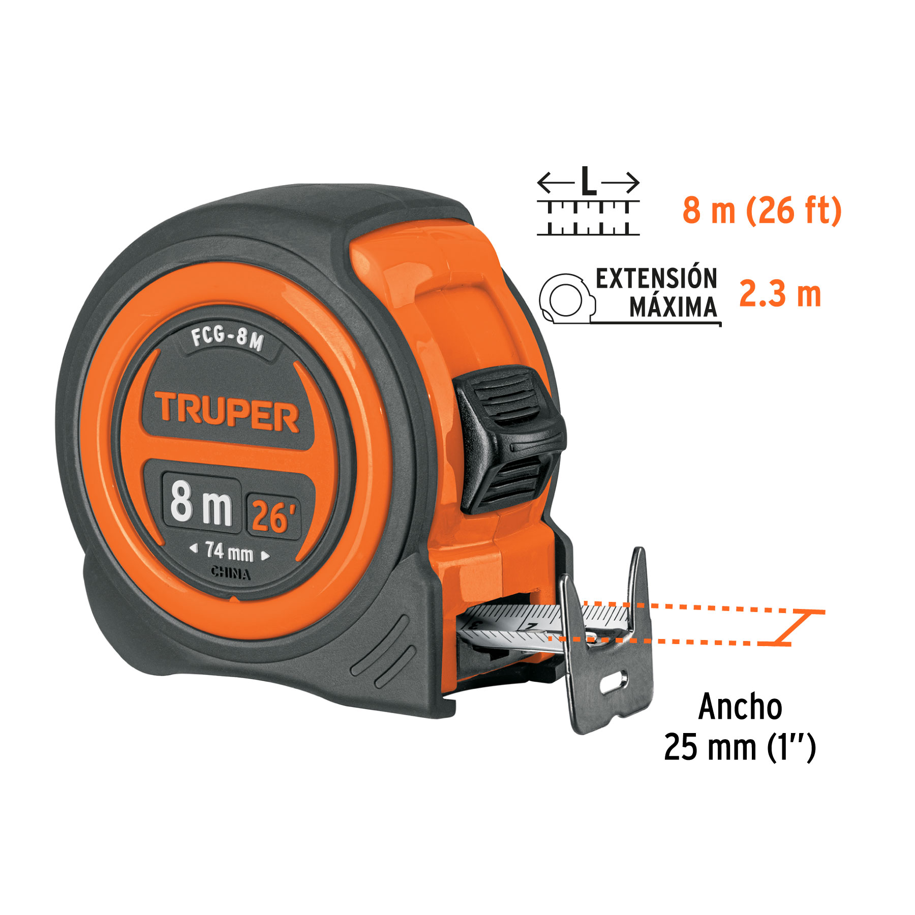 Flexómetro compacto contra impactos 8 m cinta 25 mm, TRUPER TRUPER