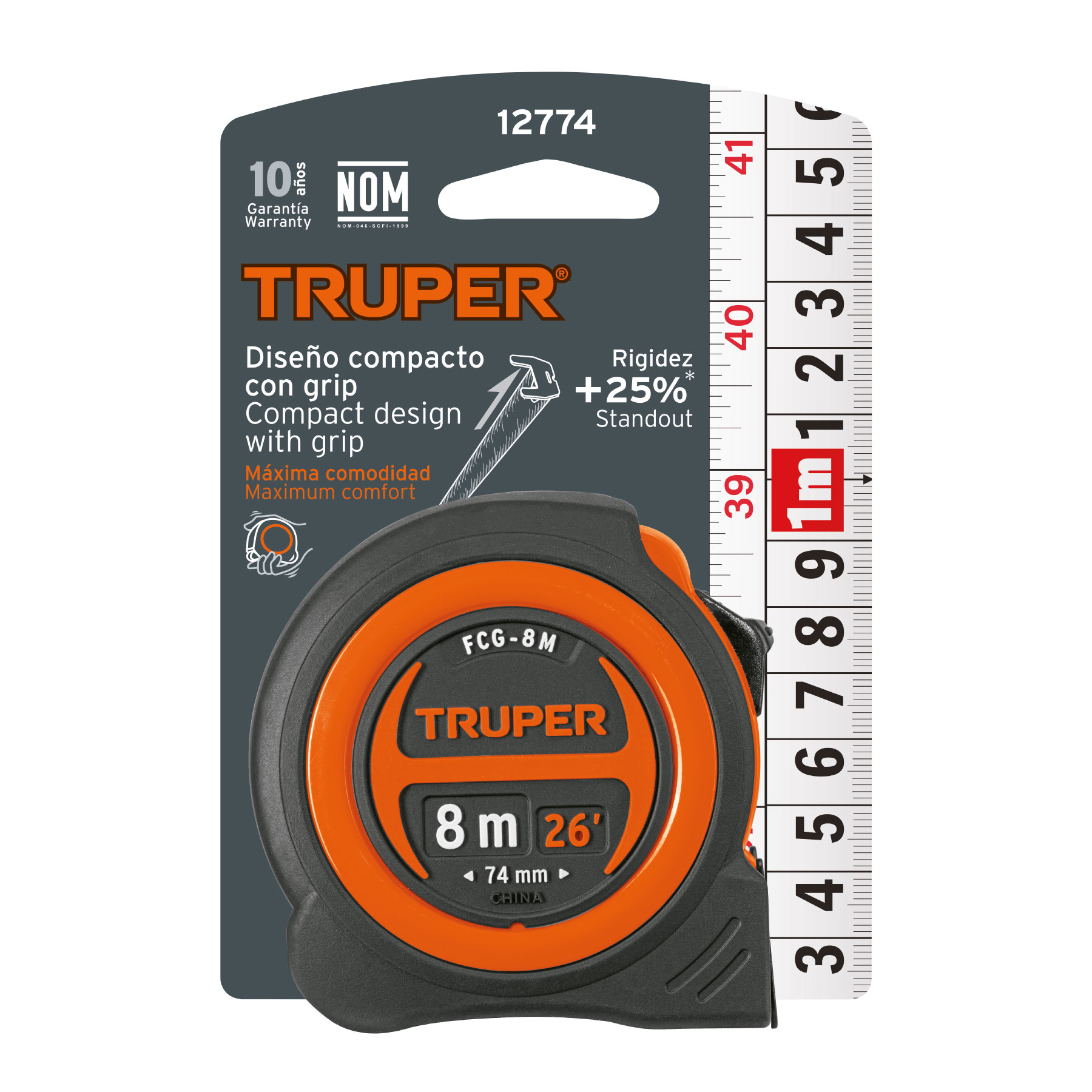 Flexómetro compacto contra impactos 8 m cinta 25 mm, TRUPER TRUPER